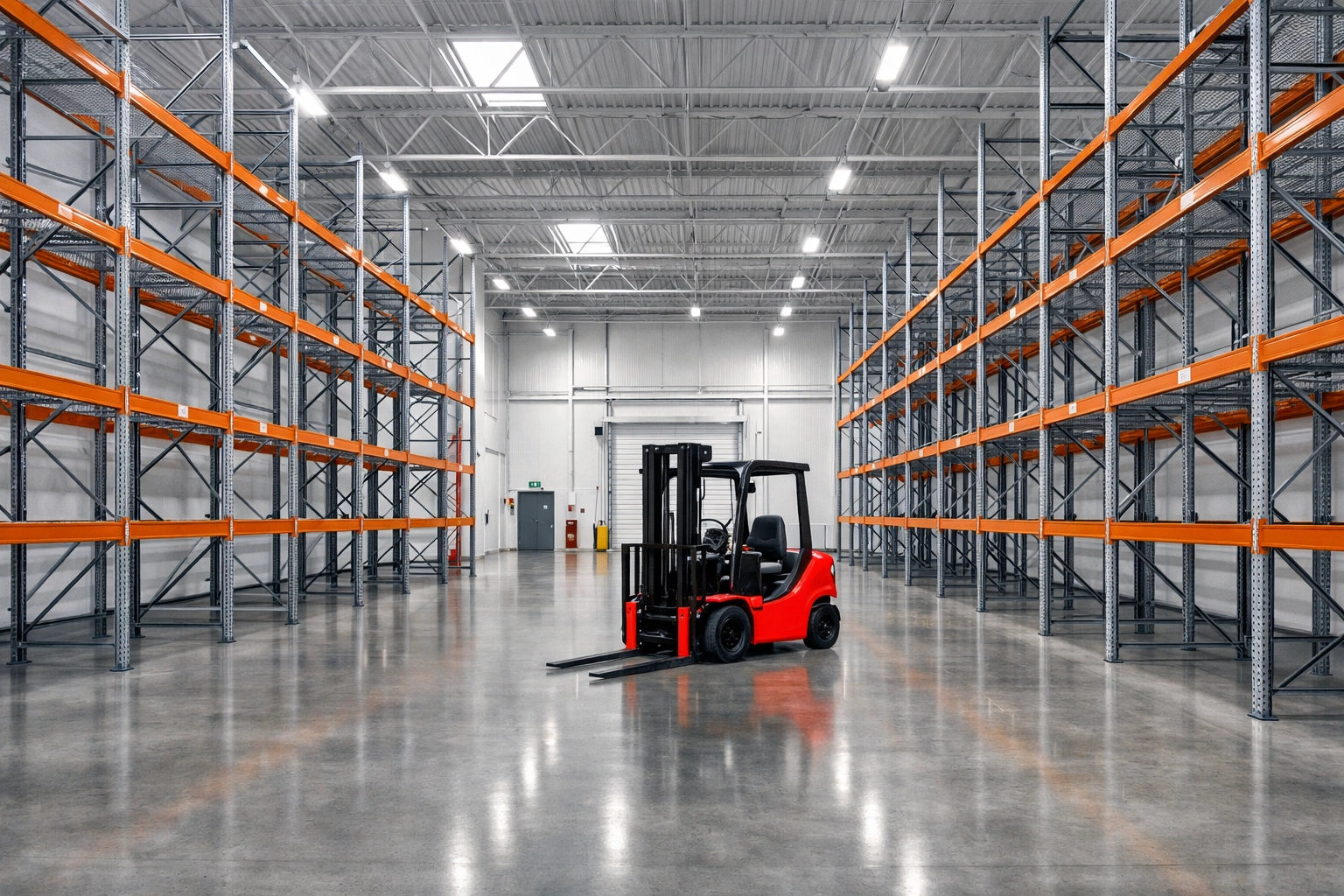 Modern warehouse facility in Hertford with industrial racking and a red forklift for efficient logistics.