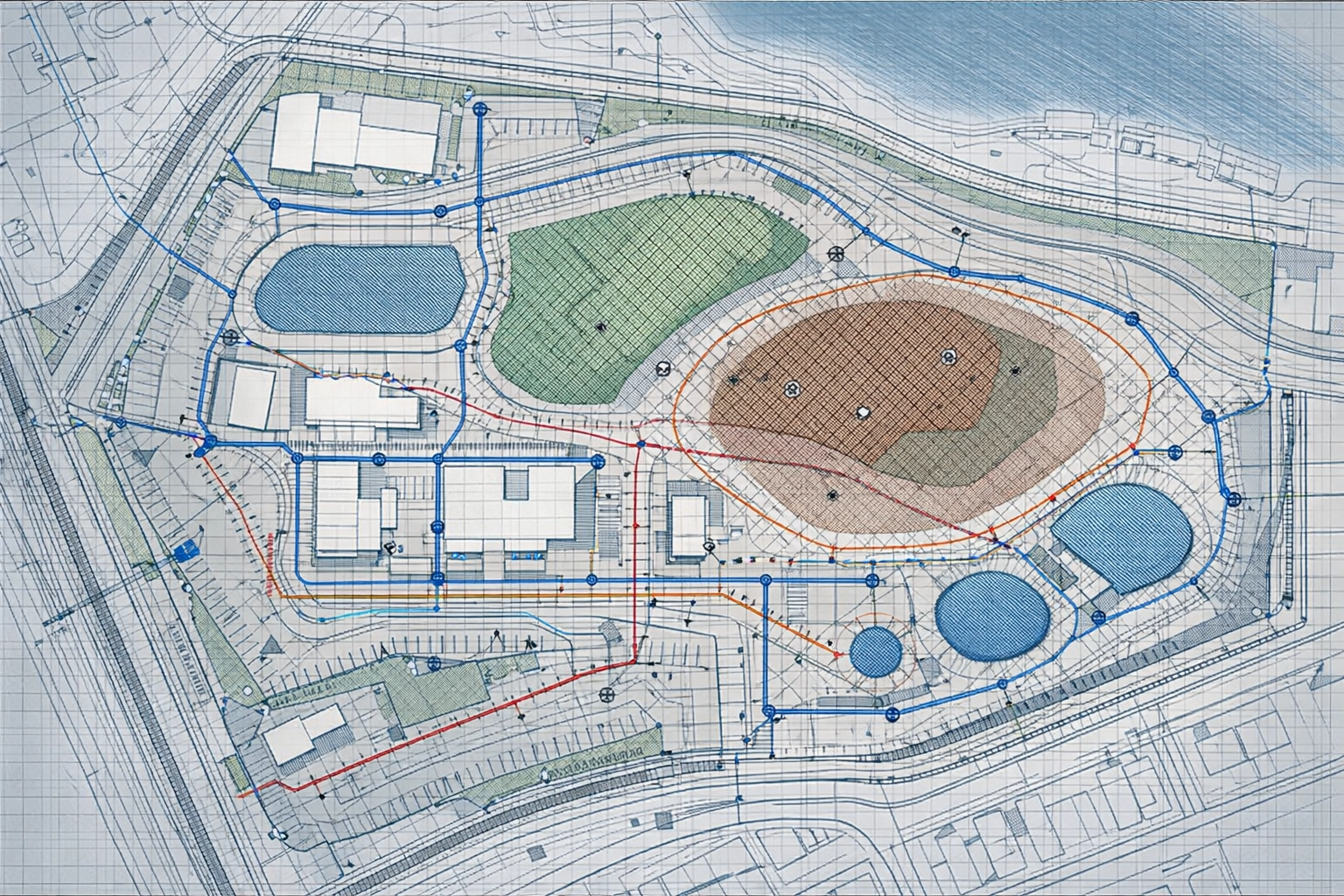 Integrated NJ site plan showing coordinated civil grading, utility routing, drainage, and environmental remediation zones.