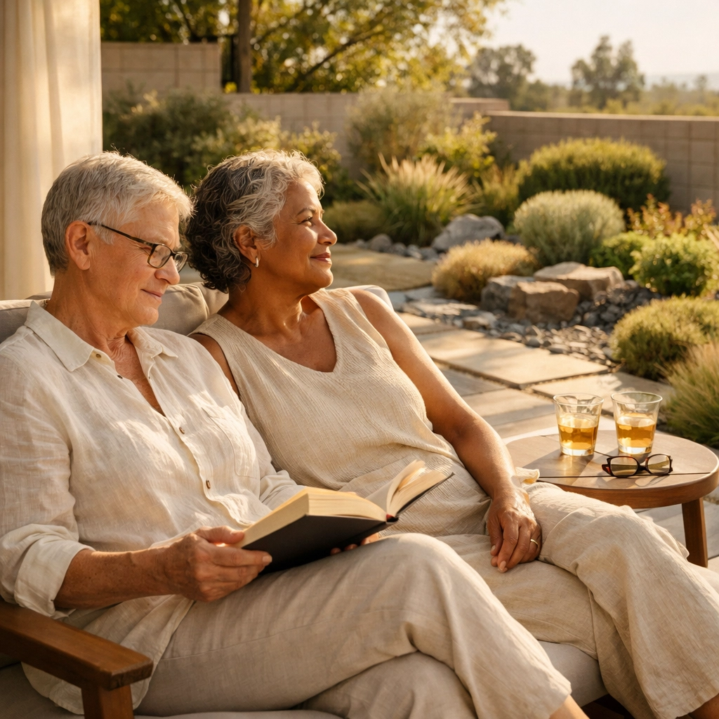Empty nester couple enjoying a peaceful morning on their modern patio at Piney Woods community.