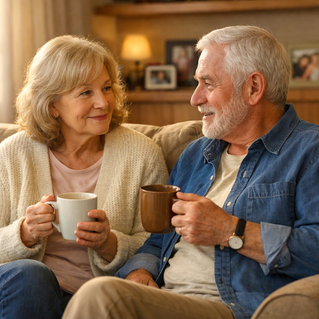 Senior couple discussing reverse mortgage and HELOC options at home