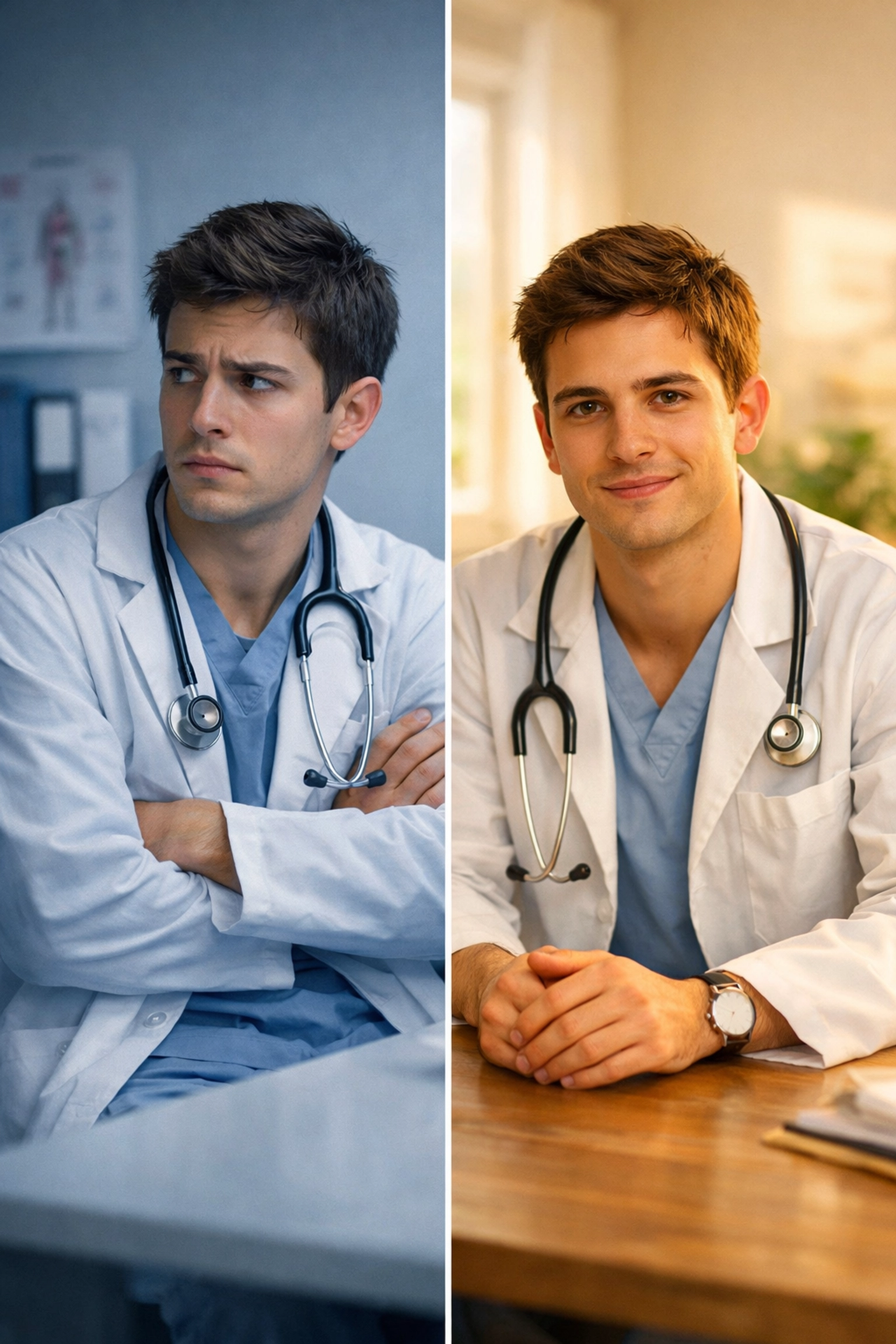 Medical student body language comparison: nervous posture versus confident professional demeanor