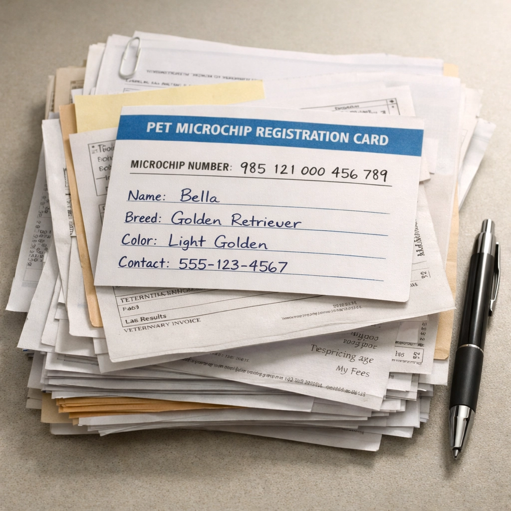 Veterinary records and microchip documents used as evidence in pet custody divorce case | ALT: Family law Fredericksburg VA evidence file with veterinary records and microchip documents