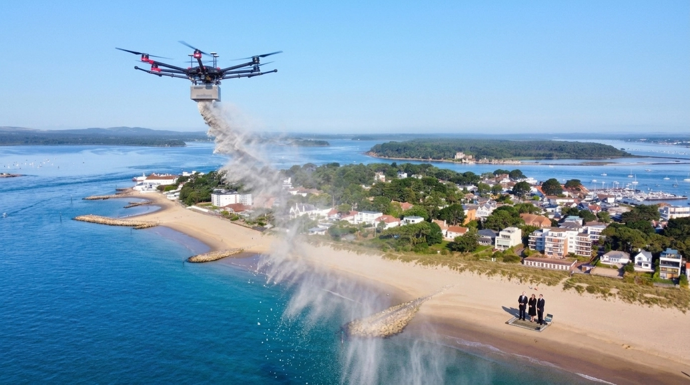 A professional drone scattering ashes over the turquoise water at Hayle Towans