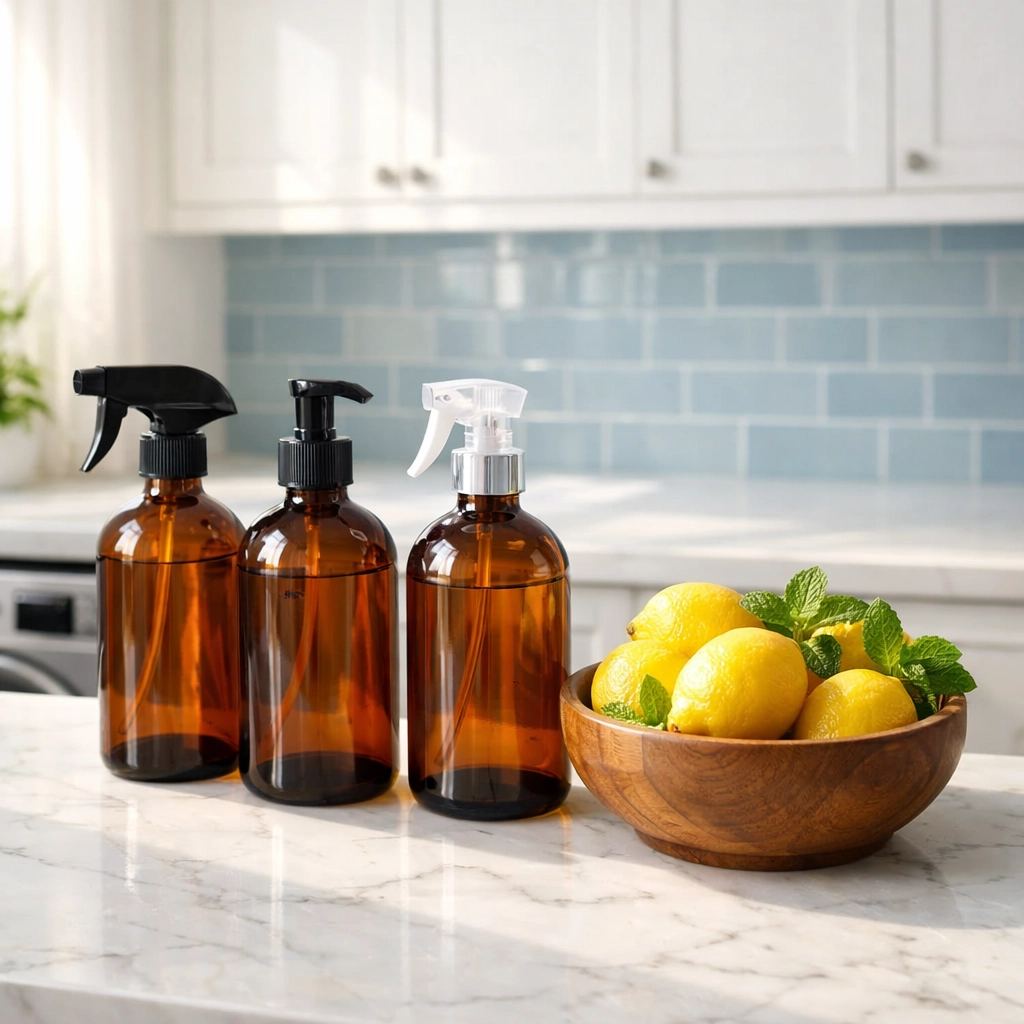 Amber glass spray bottles and fresh lemons for DIY eco-friendly cleaning.