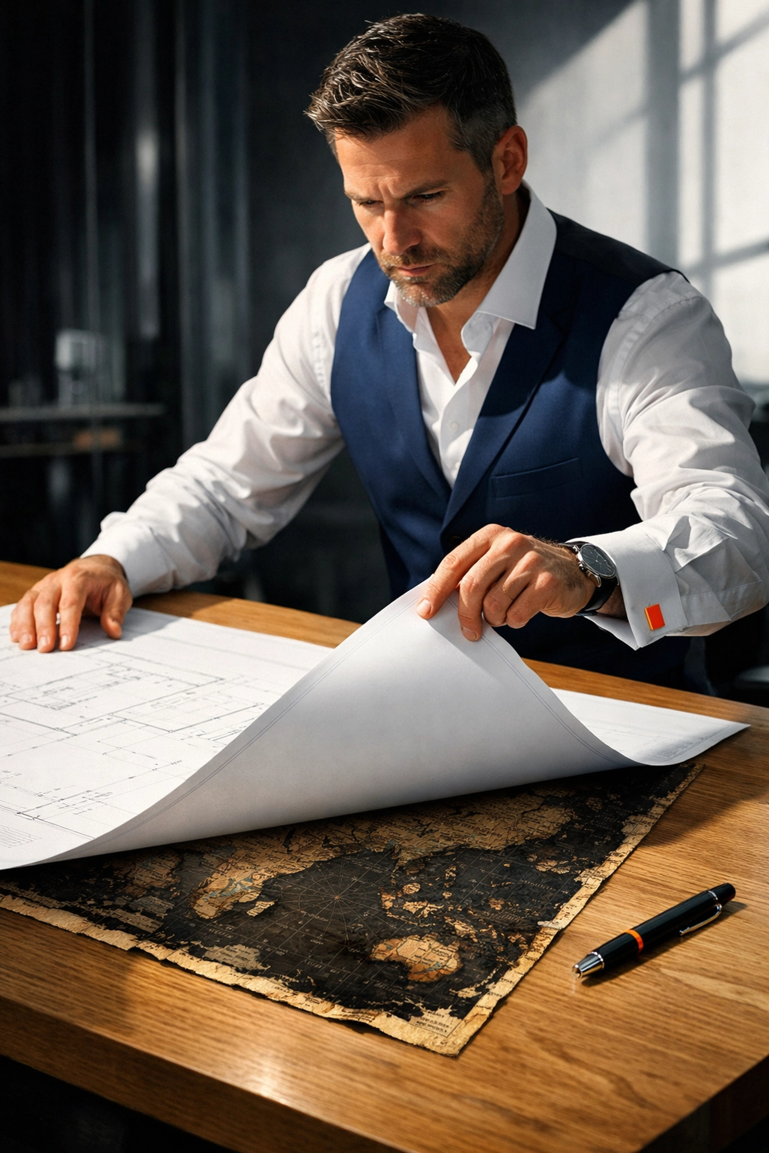 Business consultant revealing hidden liabilities under a clean blueprint during pre-sale due diligence.