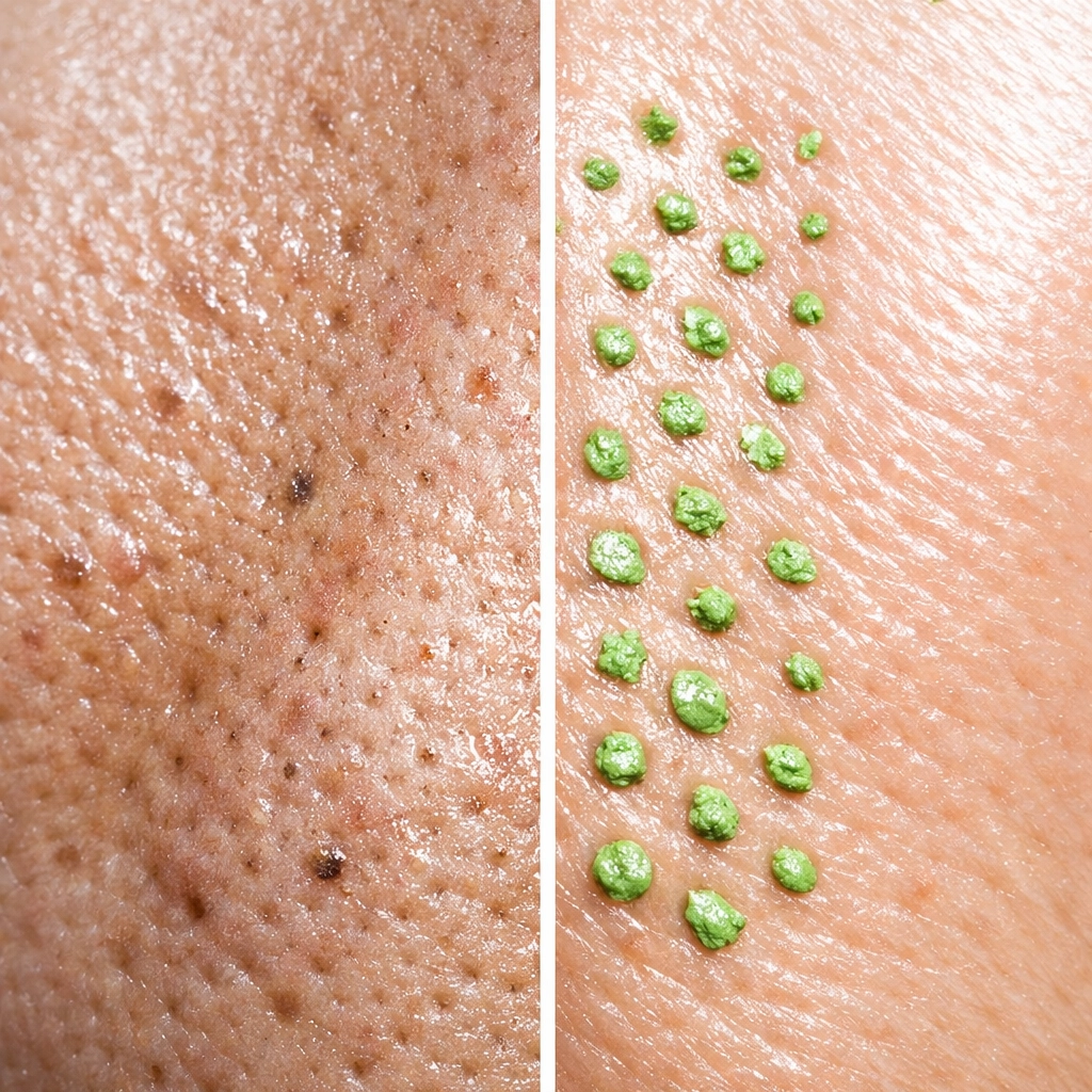 Close-up of skin showing French green clay deep cleaning pores for real hydration