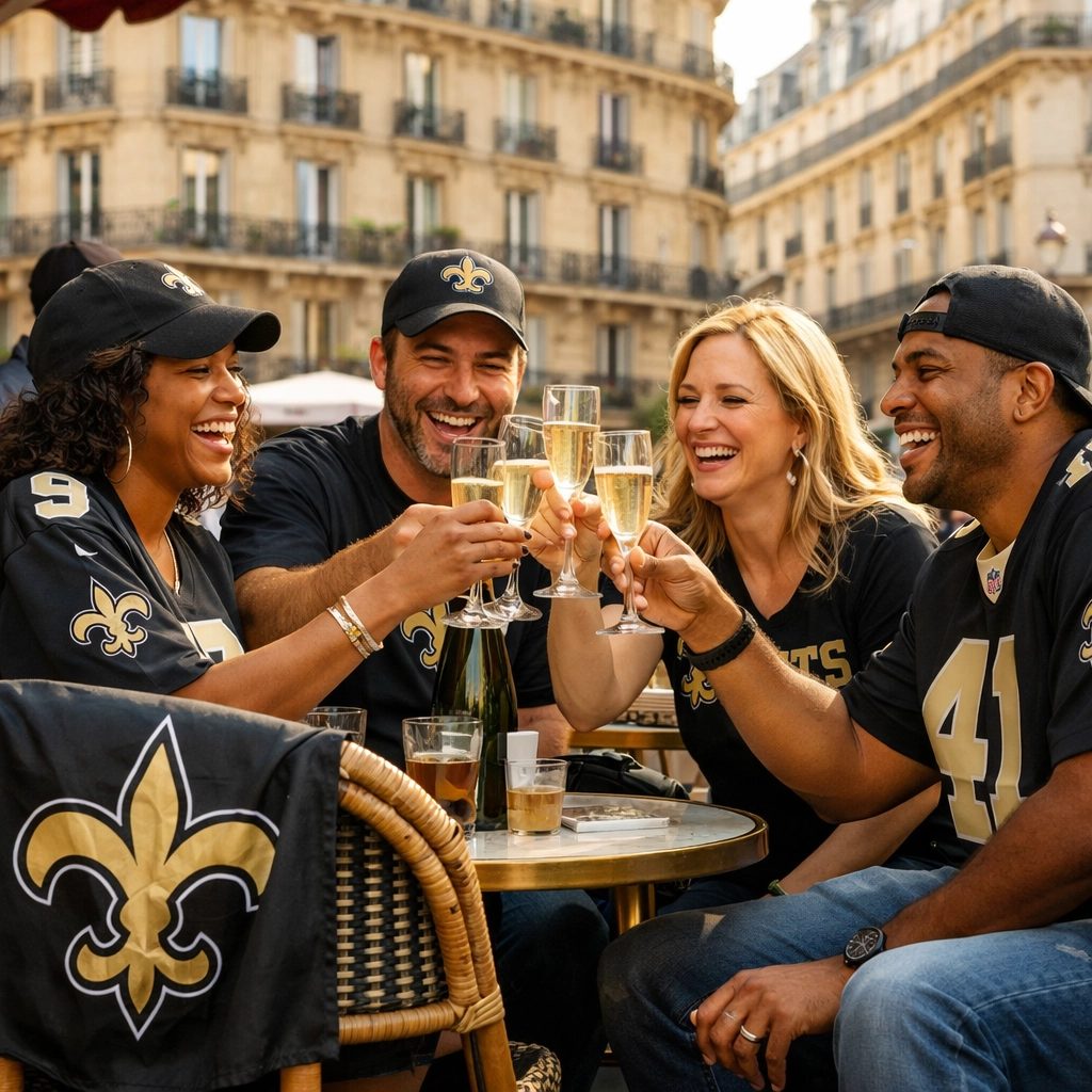 New Orleans Saints fans celebrating with champagne at a Parisian café terrace