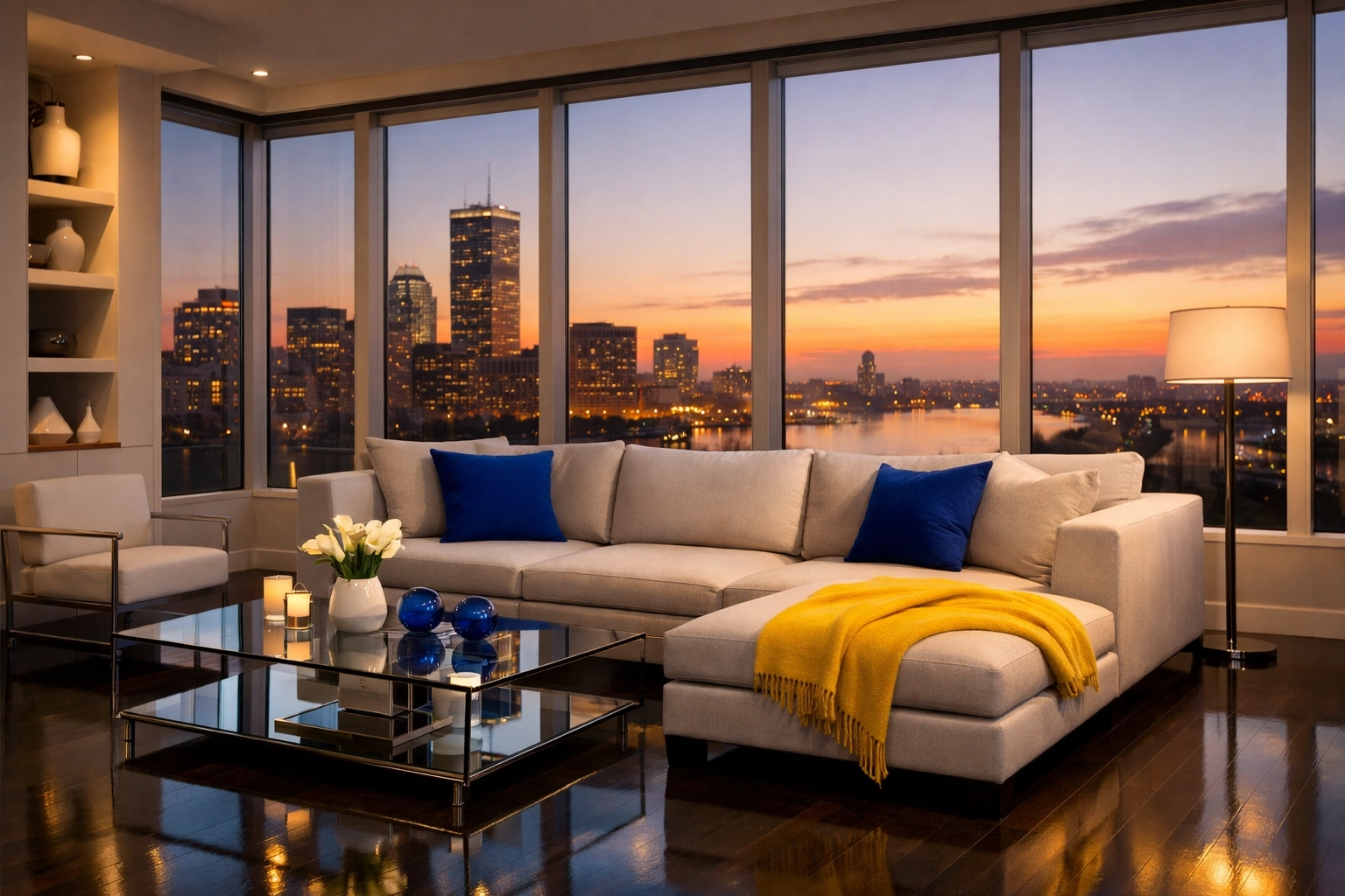 Modern living room with city views following a detailed Apartment Cleaning Boston service.