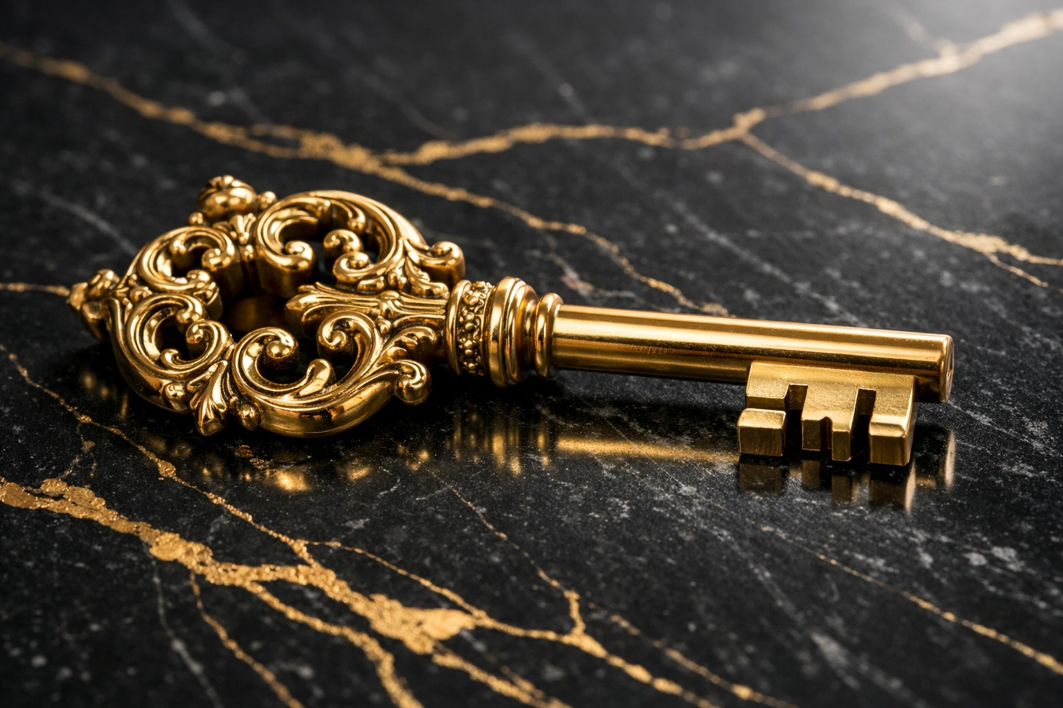 Gold rental property key on a matte black marble counter representing professional handover precision.