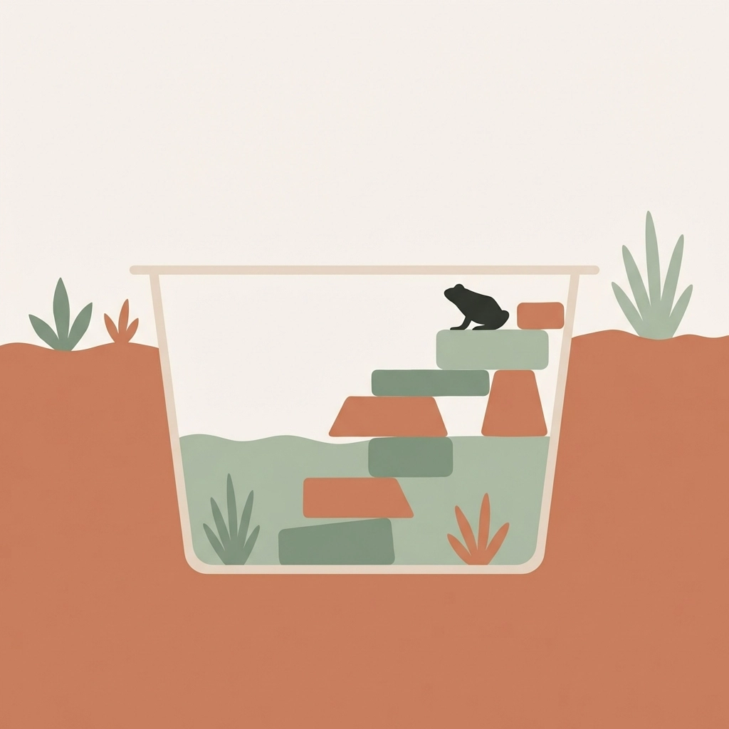 Cross-section of a small pond container in soil with stacked stone ramp and frog, showing wildlife access design