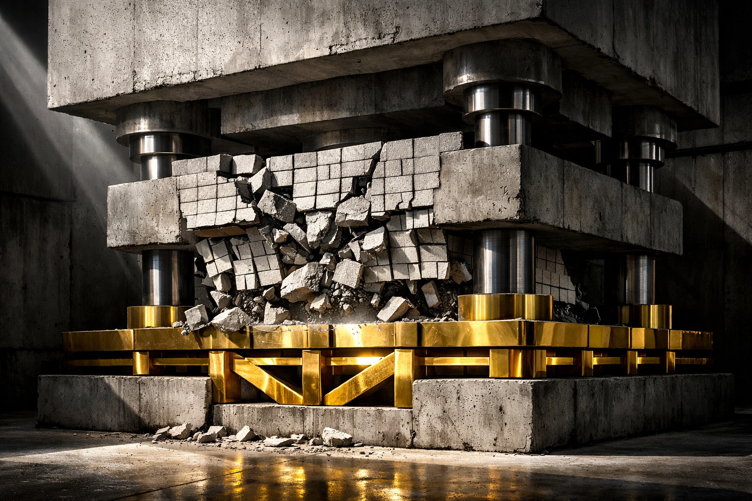 Brutalist Gold & Shadow stress-test visual of a brittle spreadsheet-like structure under pressure while a gold-reinforced foundation holds firm.