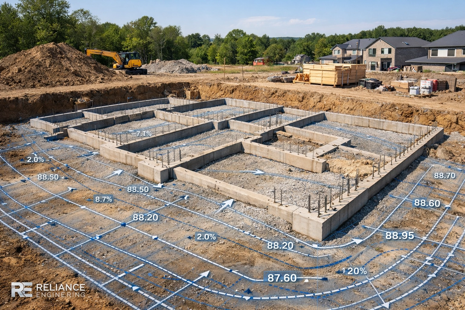 Multi-unit residential construction site in Ontario showing a technical site grading plan for a 5-plex.