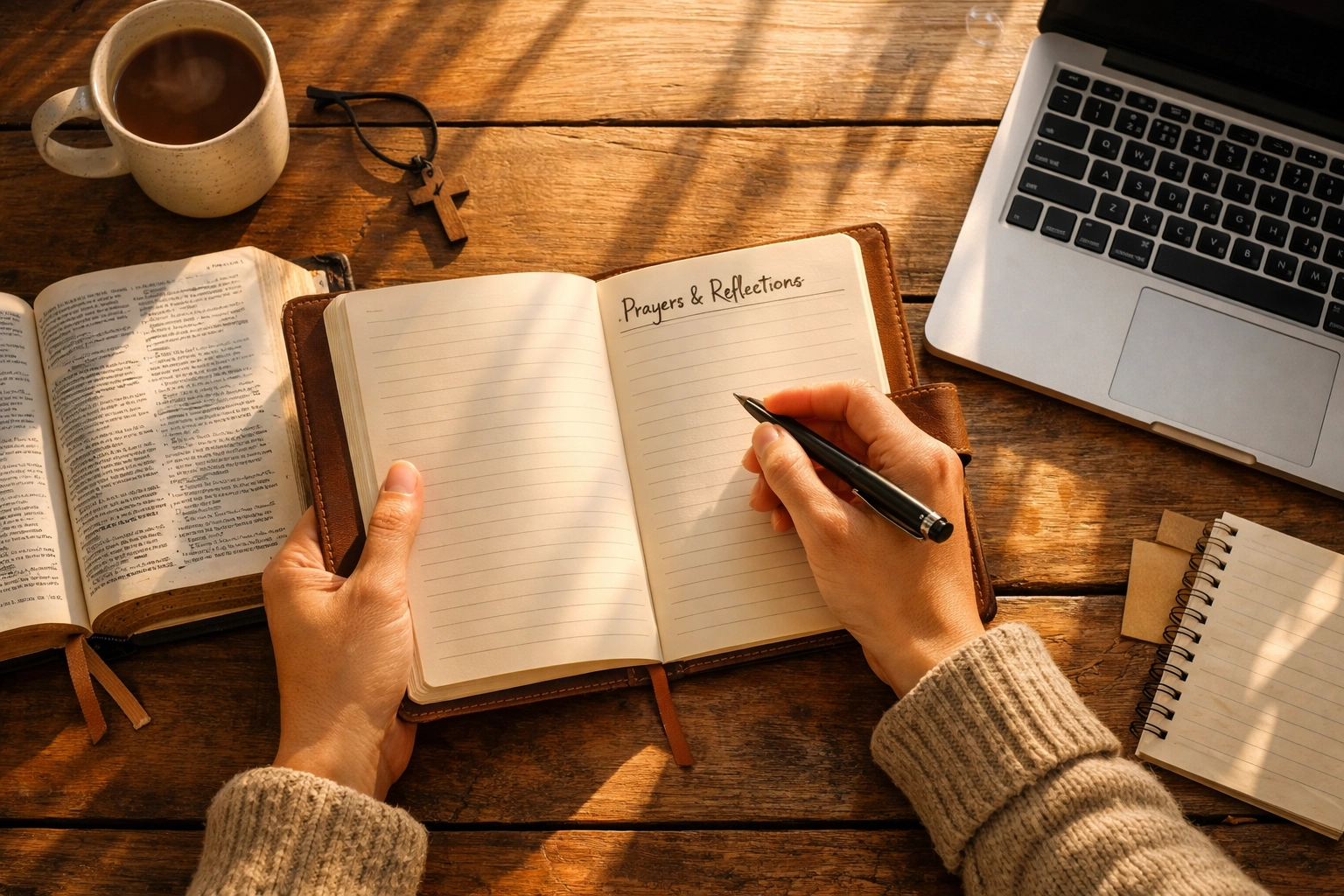 Hands journaling with Bible and laptop showing active morning stewardship and reflection