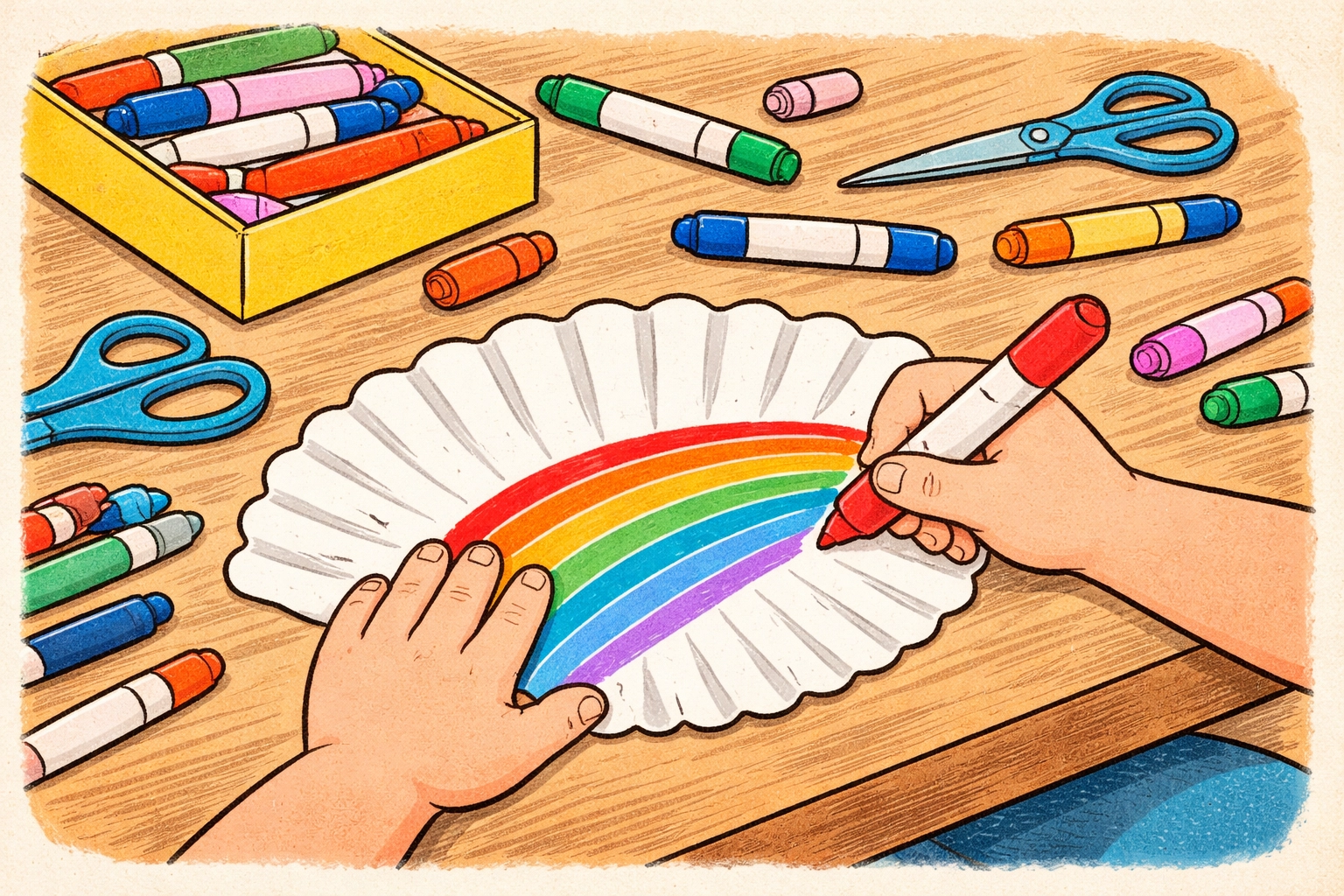 Child coloring a coffee filter with rainbow markers for a butterfly craft project