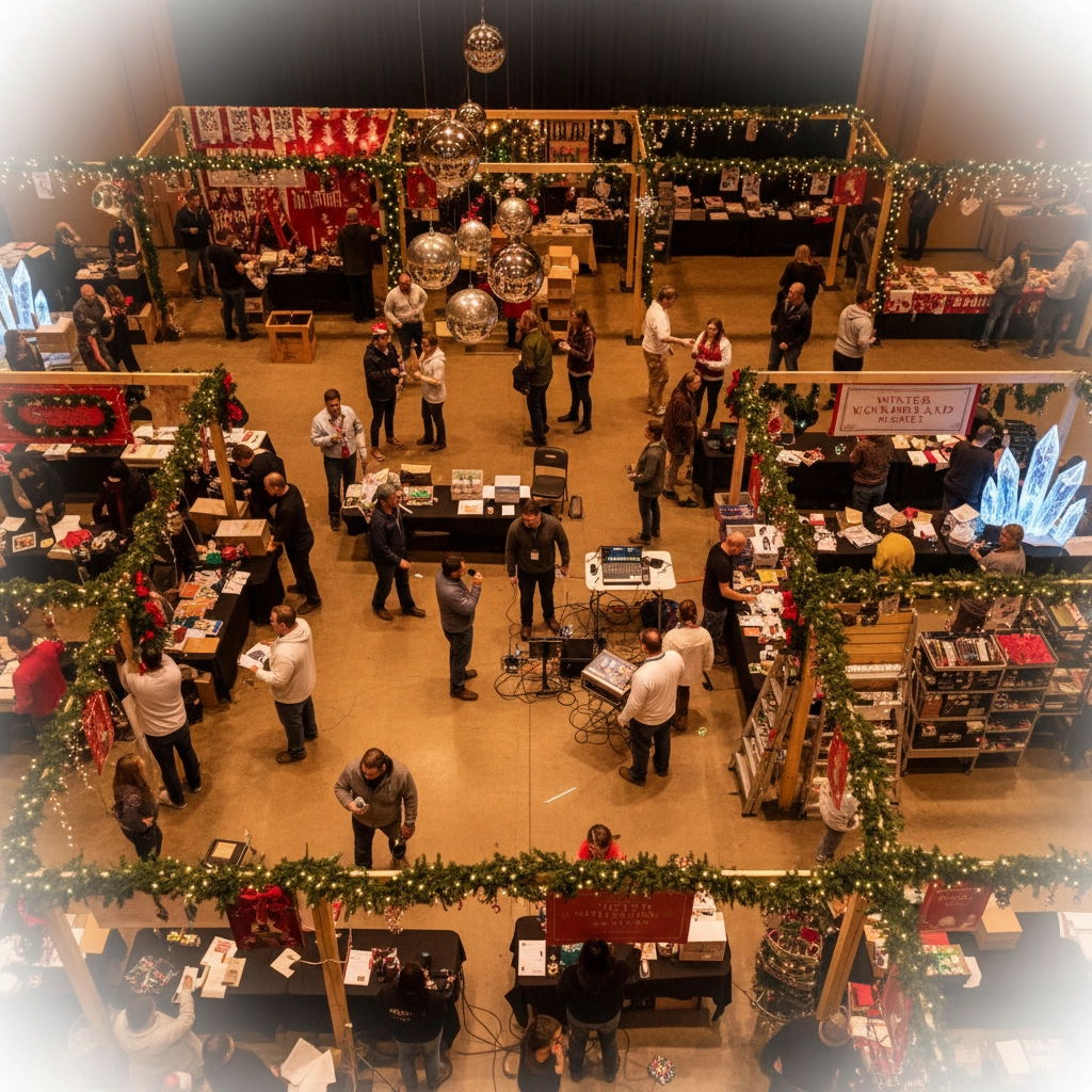 A bustling holiday market filled with festively decorated stalls and visitors enjoying the seasonal atmosphere. Strings of garland and shiny ornaments hang overhead, adding to the cheerful setting as people engage with vendors and explore the colorful offerings.


