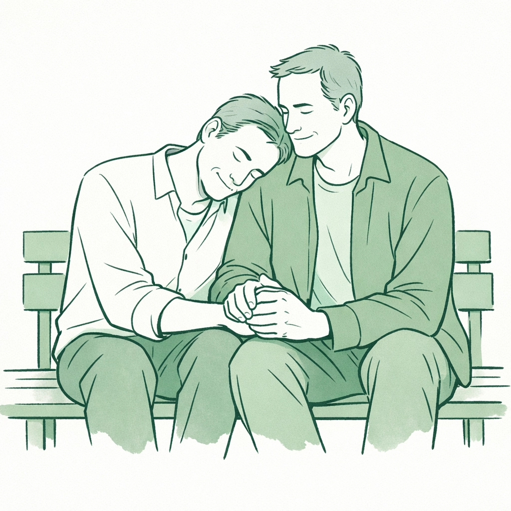 Older MM couple sitting on a bench showing emotional support after coming out later in life.