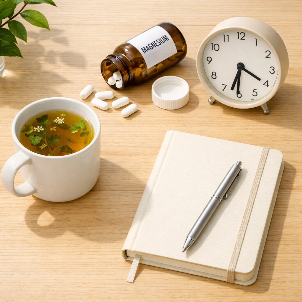 Morning routine with magnesium supplement, herbal tea, and journal for daily stress management
