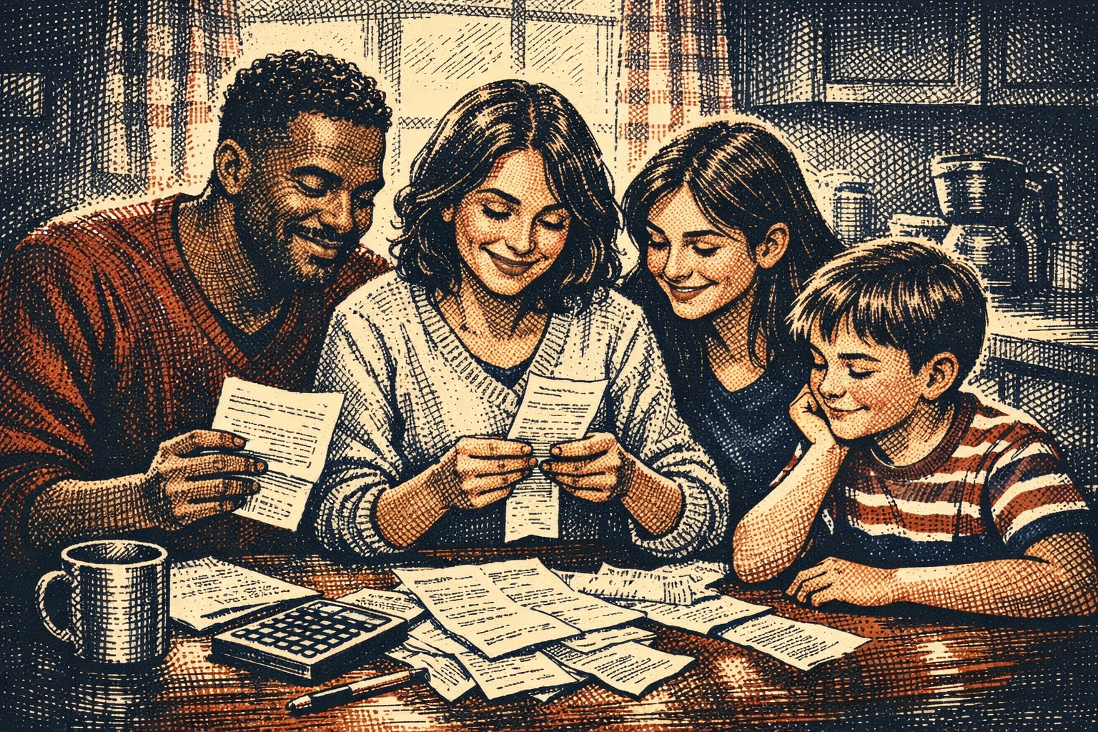Family reviewing household bills at kitchen table, showing relief as U.S. inflation decreases