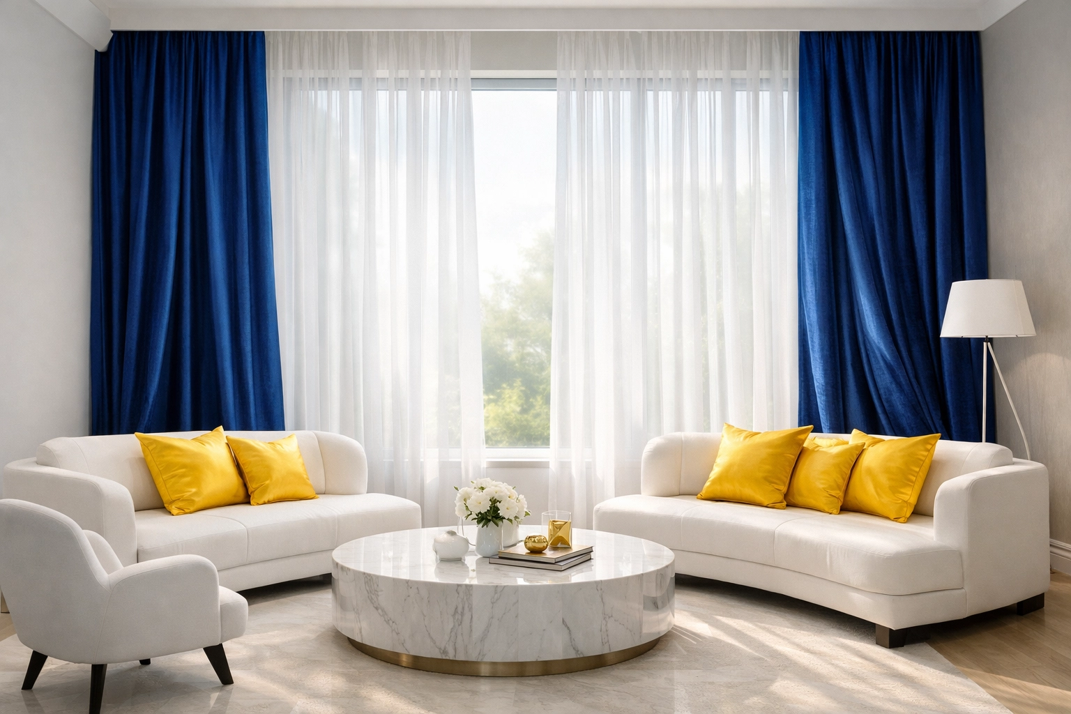 Luxury living room with professionally cleaned royal blue velvet drapes and white sheer curtains.
