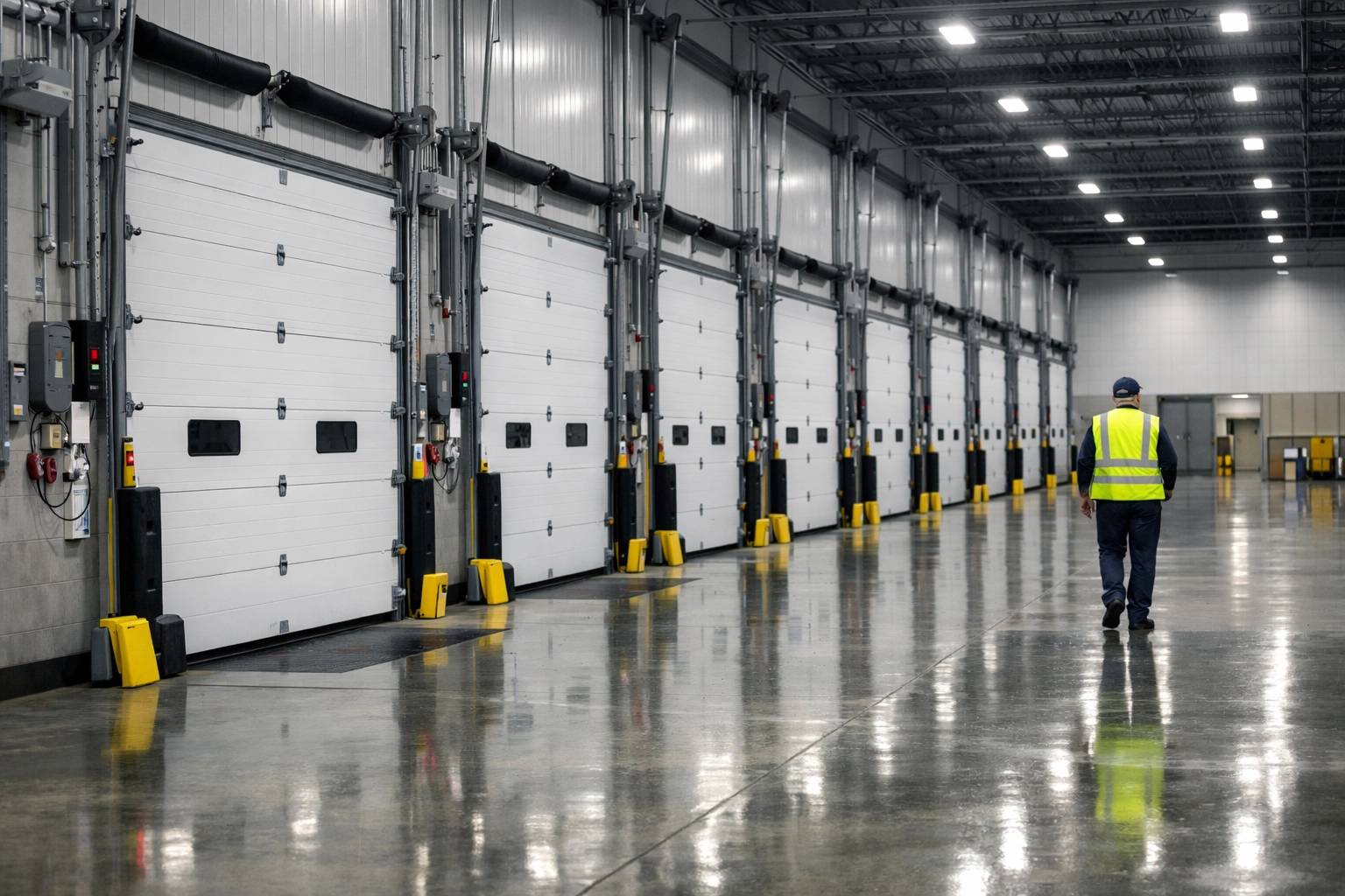 Supervisor inspecting secure contract warehousing doors to ensure fast pick-pack-ship accuracy.