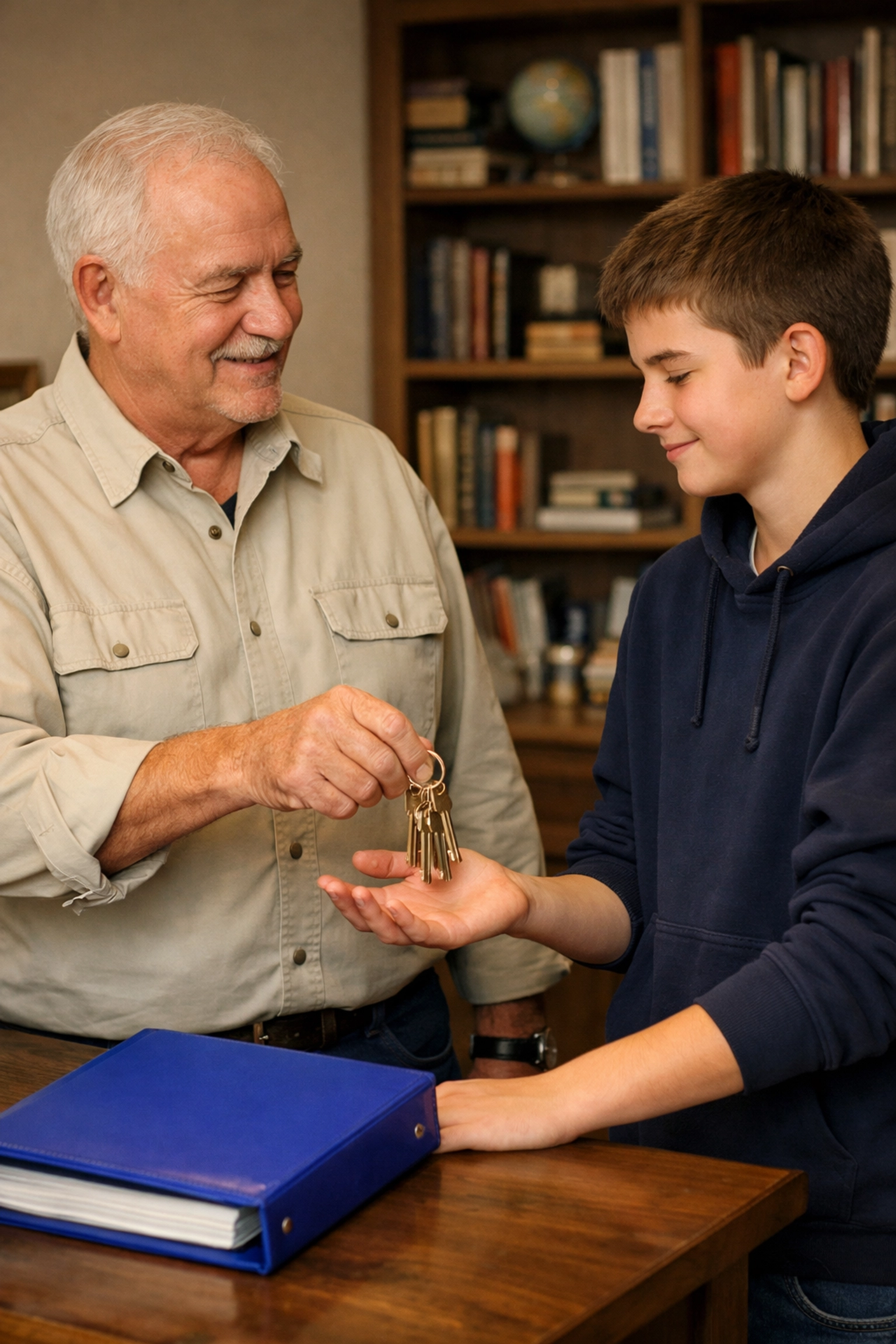 Grandfather passing keys to a teenager, representing stewardship and family wealth strategies.