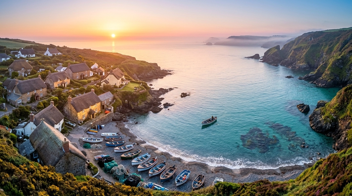 An aerial view of Cadgwith Cove in Cornwall showing thatched cottages and the shingle beach
