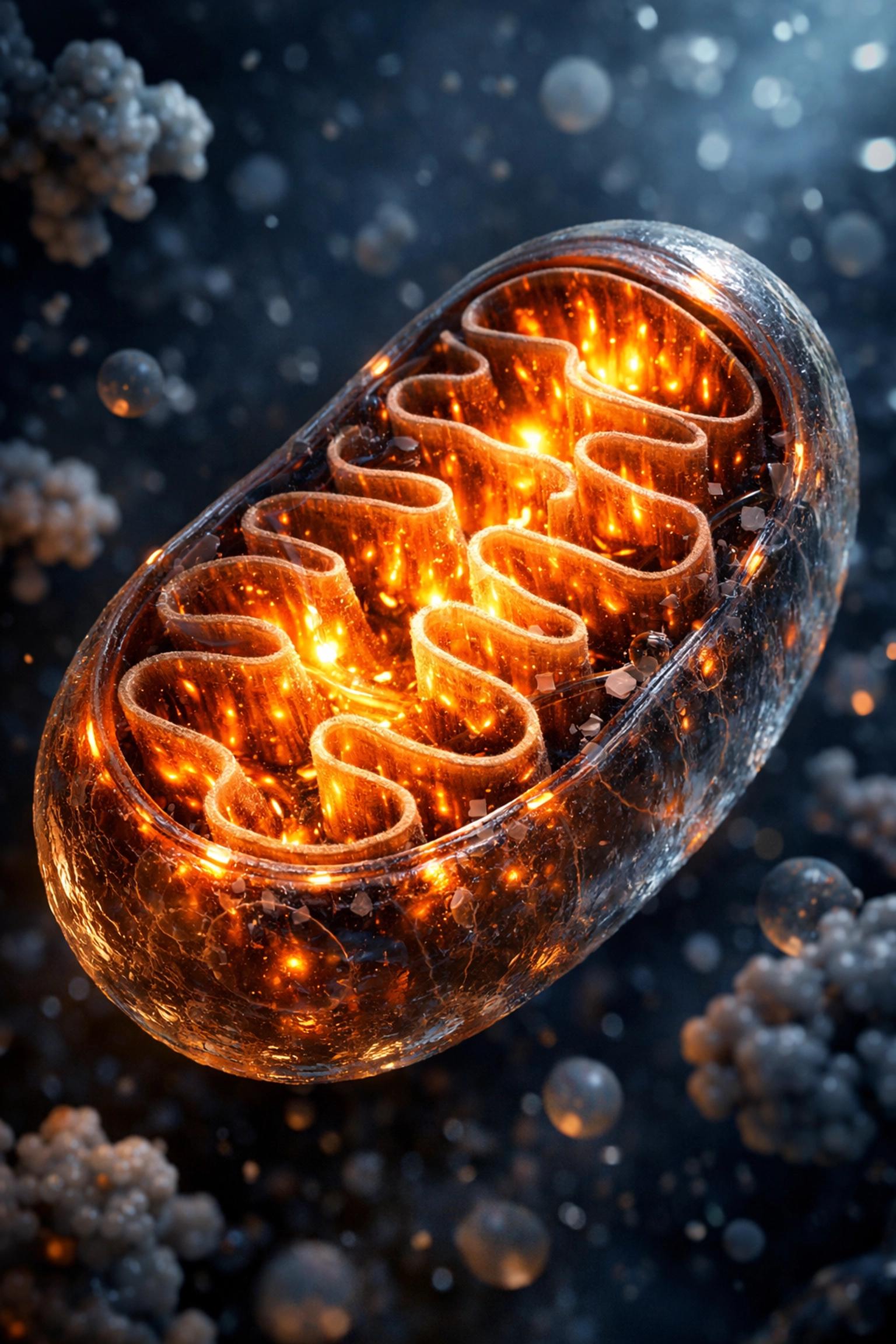 Detailed view of a mitochondrion powerhouse glowing with amber light to provide cellular energy.