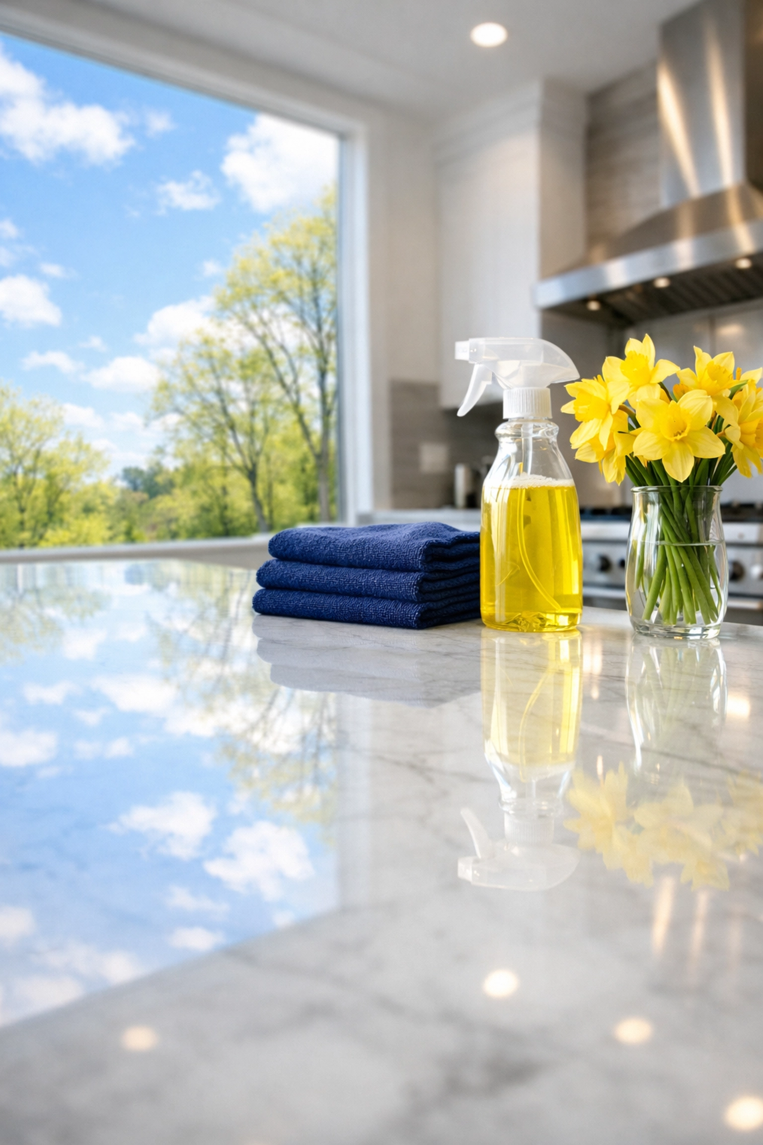 A sparkling clean marble kitchen counter after a thorough deep cleaning MA session in a modern home.