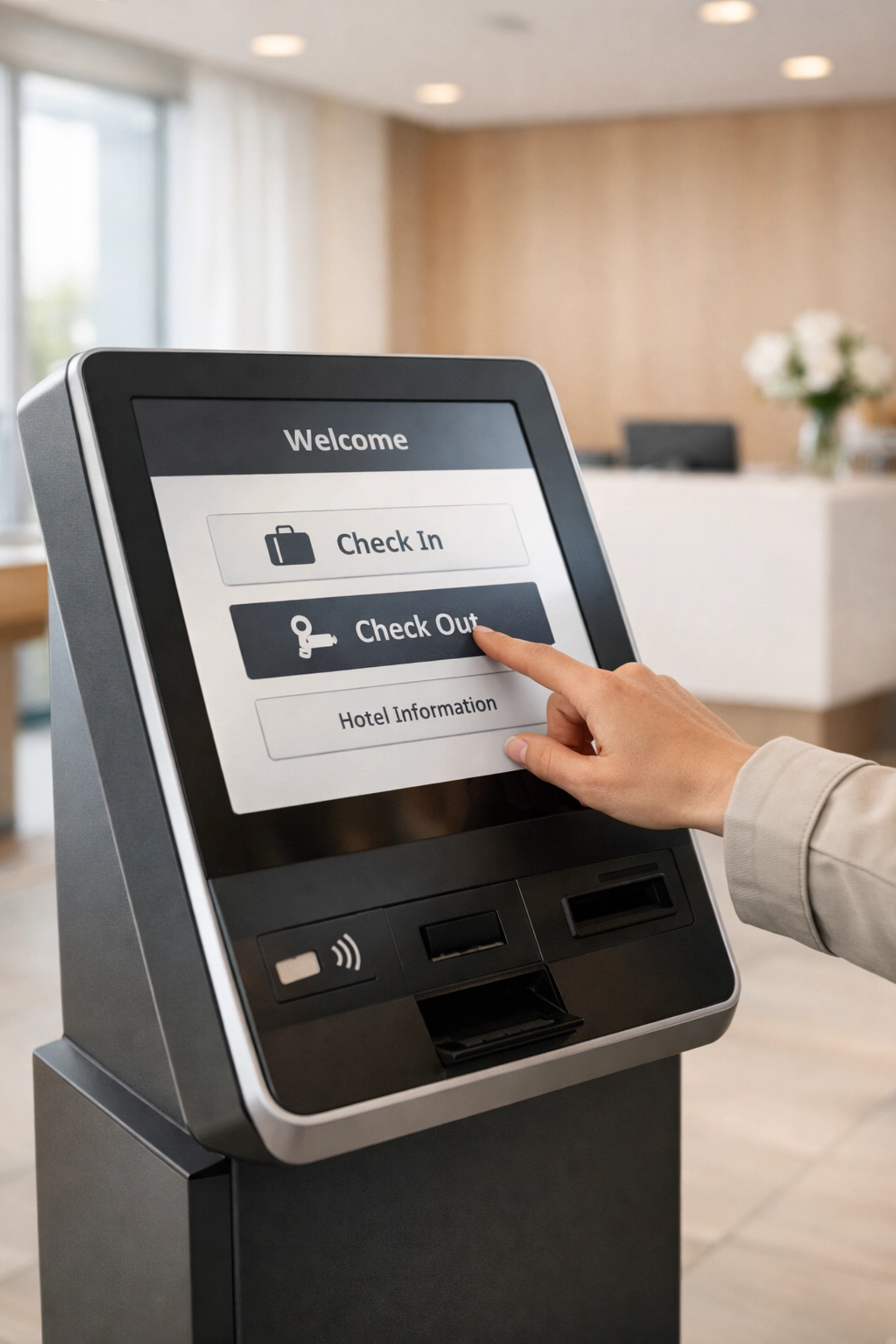 Guest using self-check-in kiosk in modern hotel lobby for automated check-in process