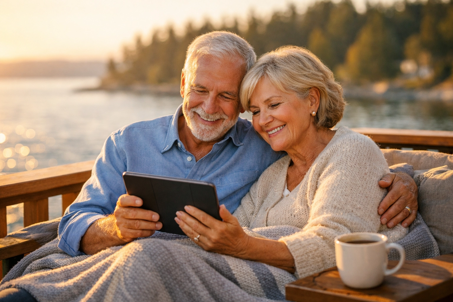Senior couple in Kitsap County reviewing charitable giving and legacy plans overlooking the Puget Sound.