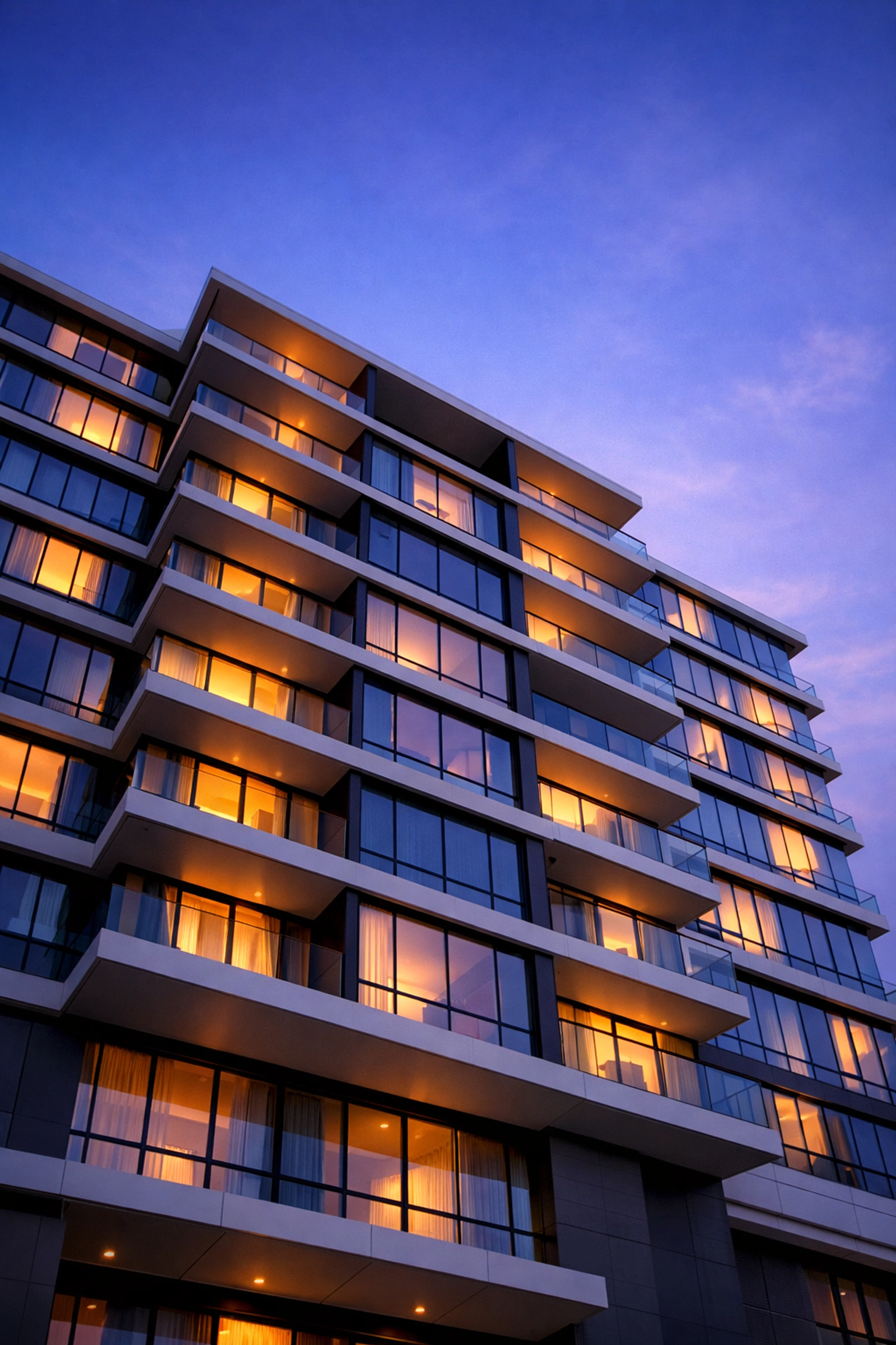 Exterior of a modern hotel chain building at night, symbolizing growth with a scalable hotel PMS.