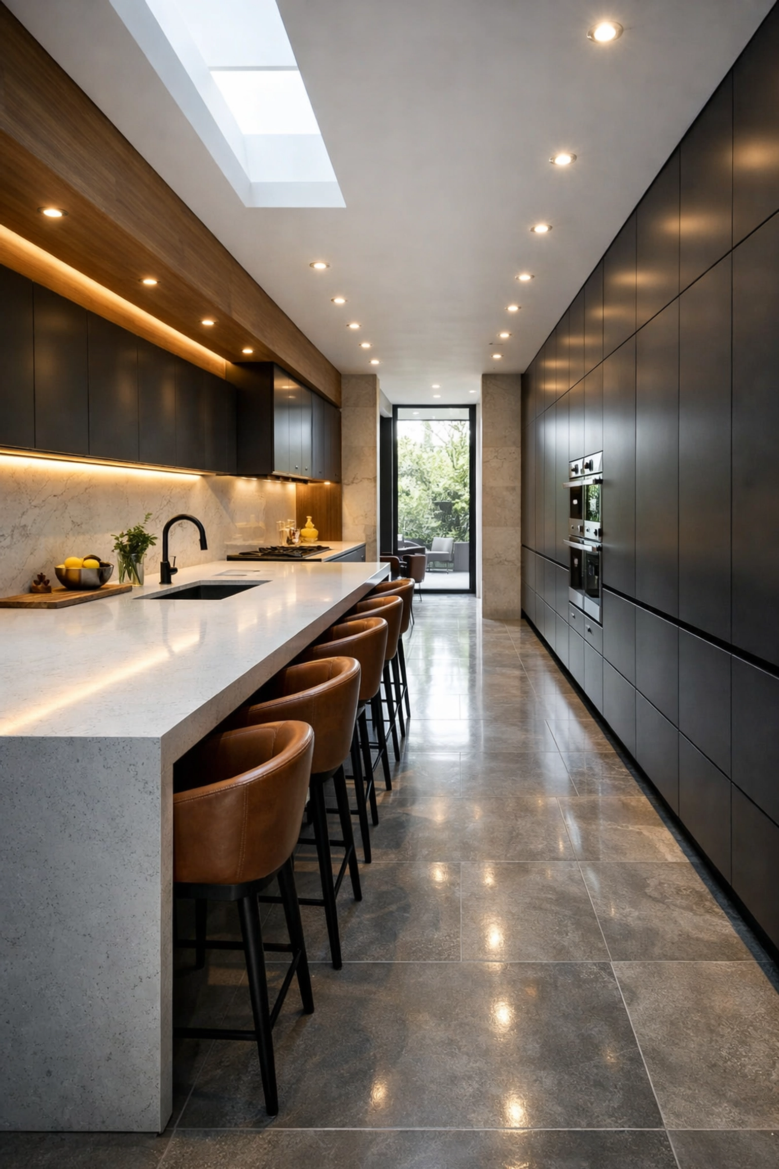 Sleek double-galley kitchen layout featuring a long breakfast island and high-end floor-to-ceiling cabinetry.