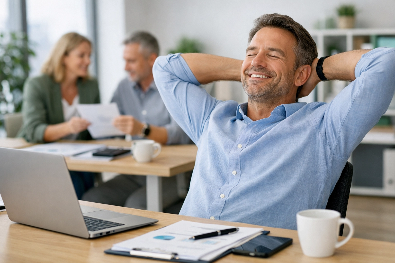 Entrepreneur collaborating with a finance partner in a bright modern office after outsourcing bookkeeping support.