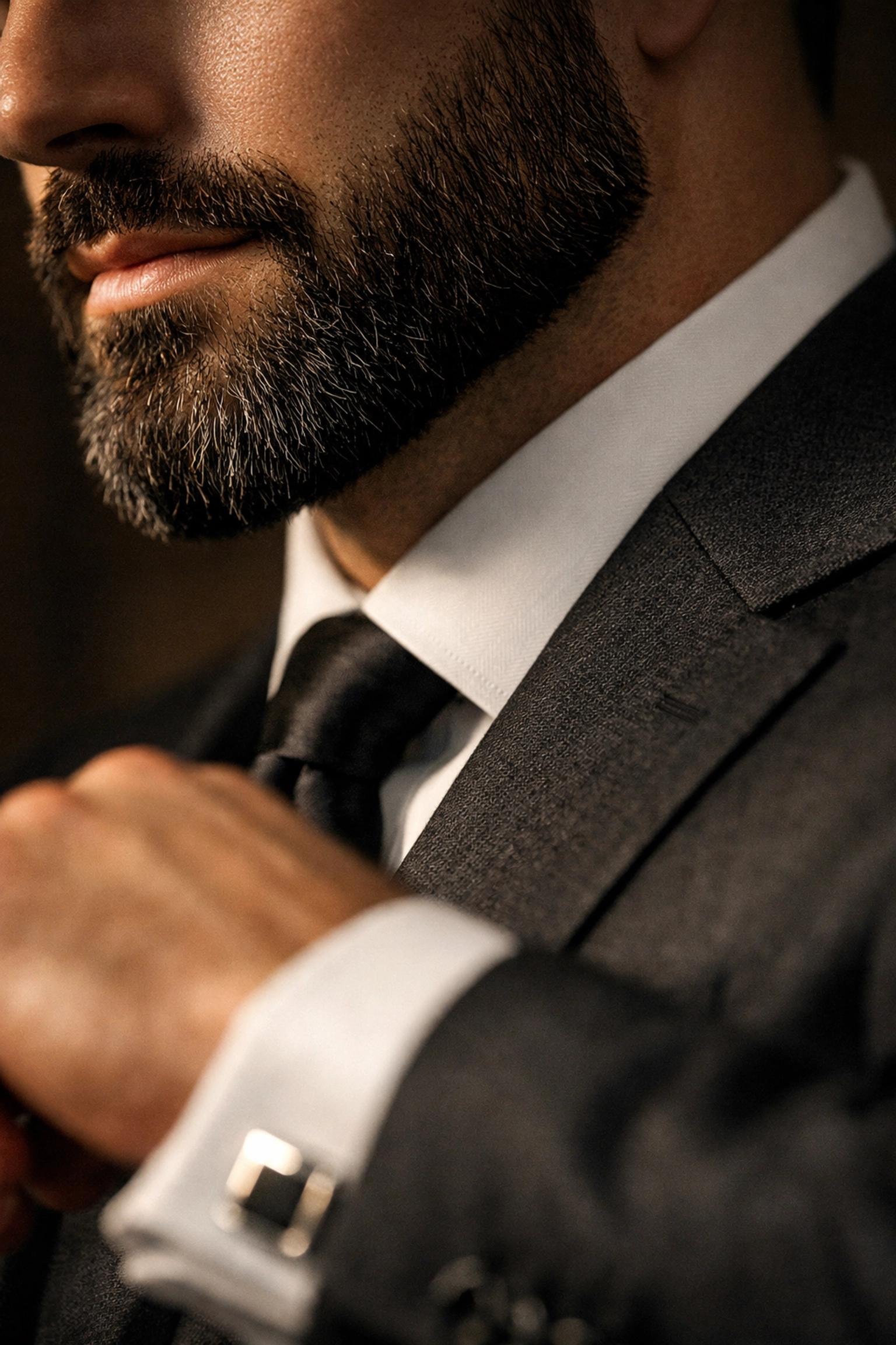 Well-groomed beard on a professional man in a charcoal suit, representing Command and Conquer beard scent.