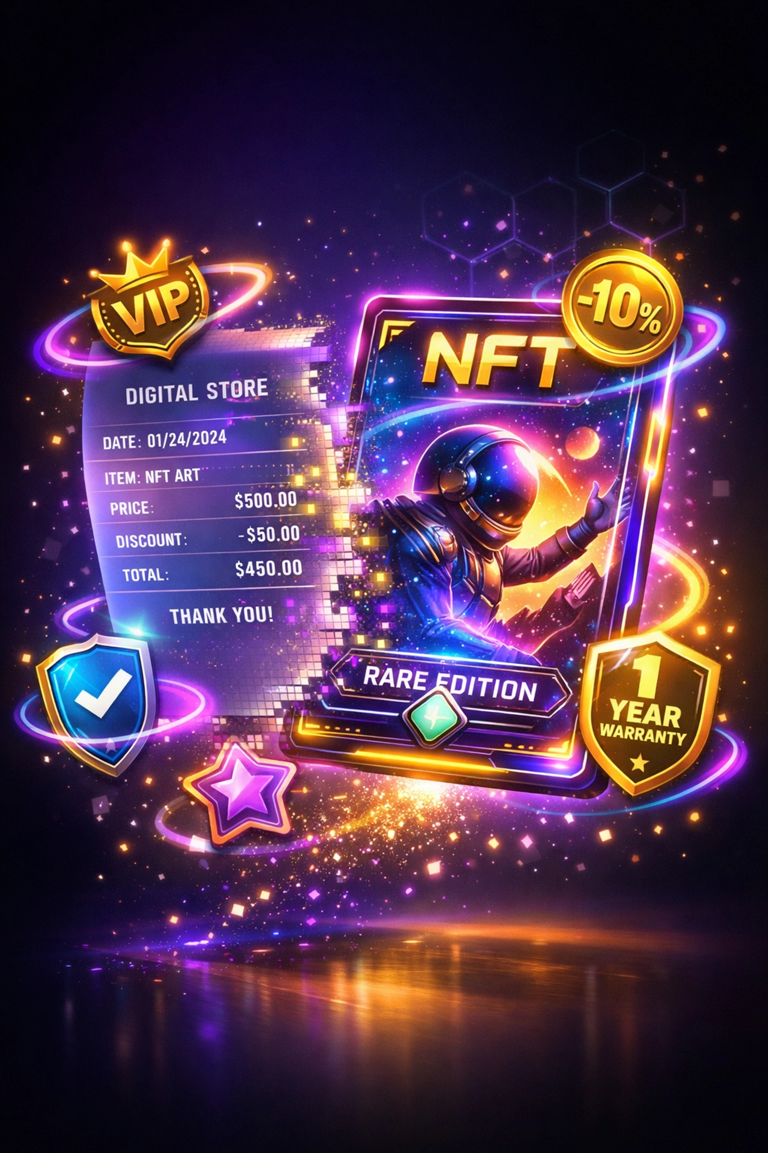 NFT receipt transforming into collectible with programmable loyalty rewards and discounts