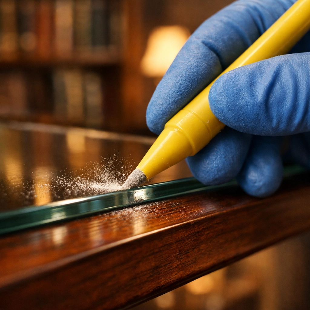 A professional cleaner meticulously dusting a wood shelf during a house cleaning in West Cambridge.