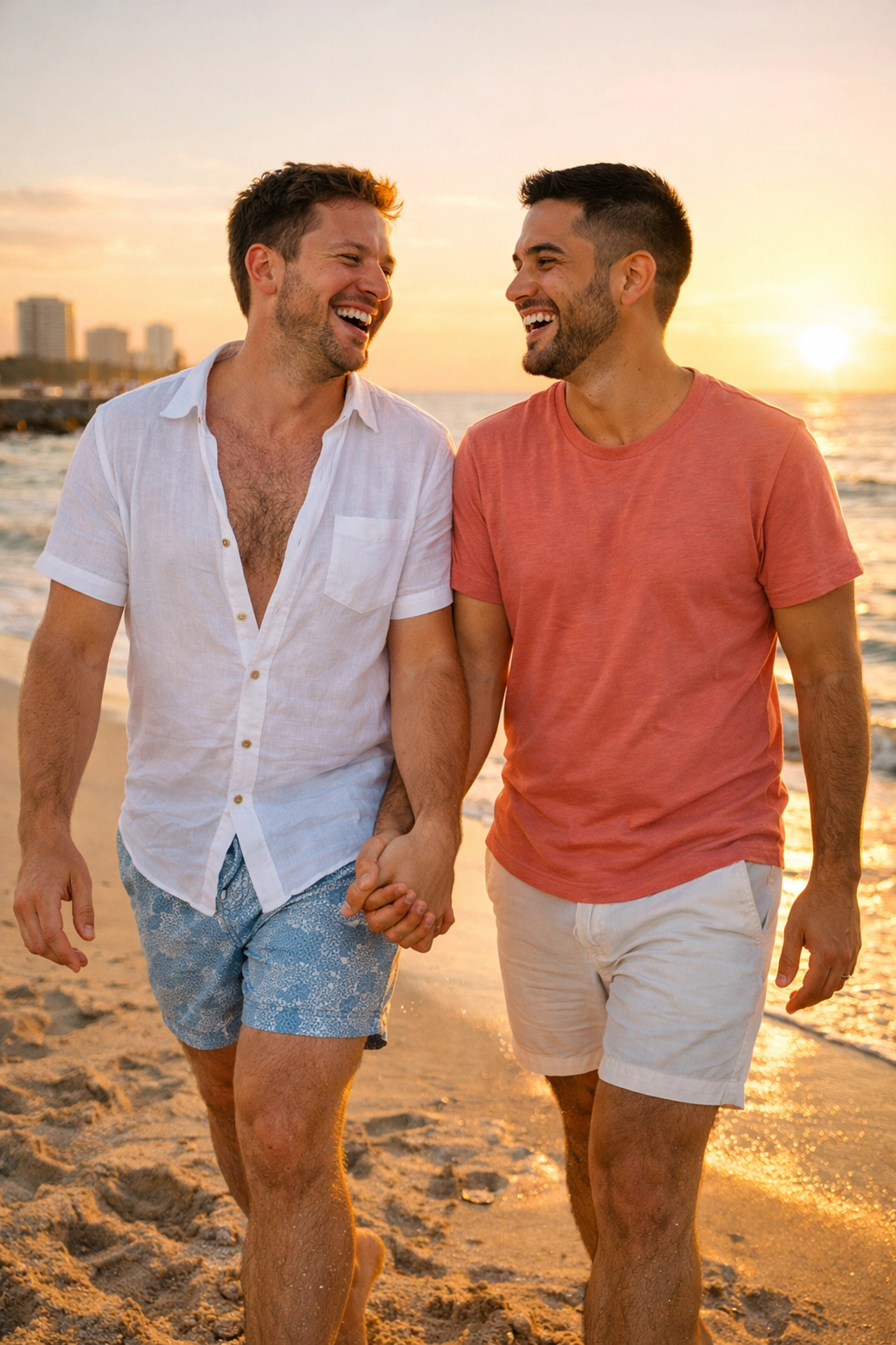 Gay couple holding hands walking along Haulover Beach shoreline at golden hour