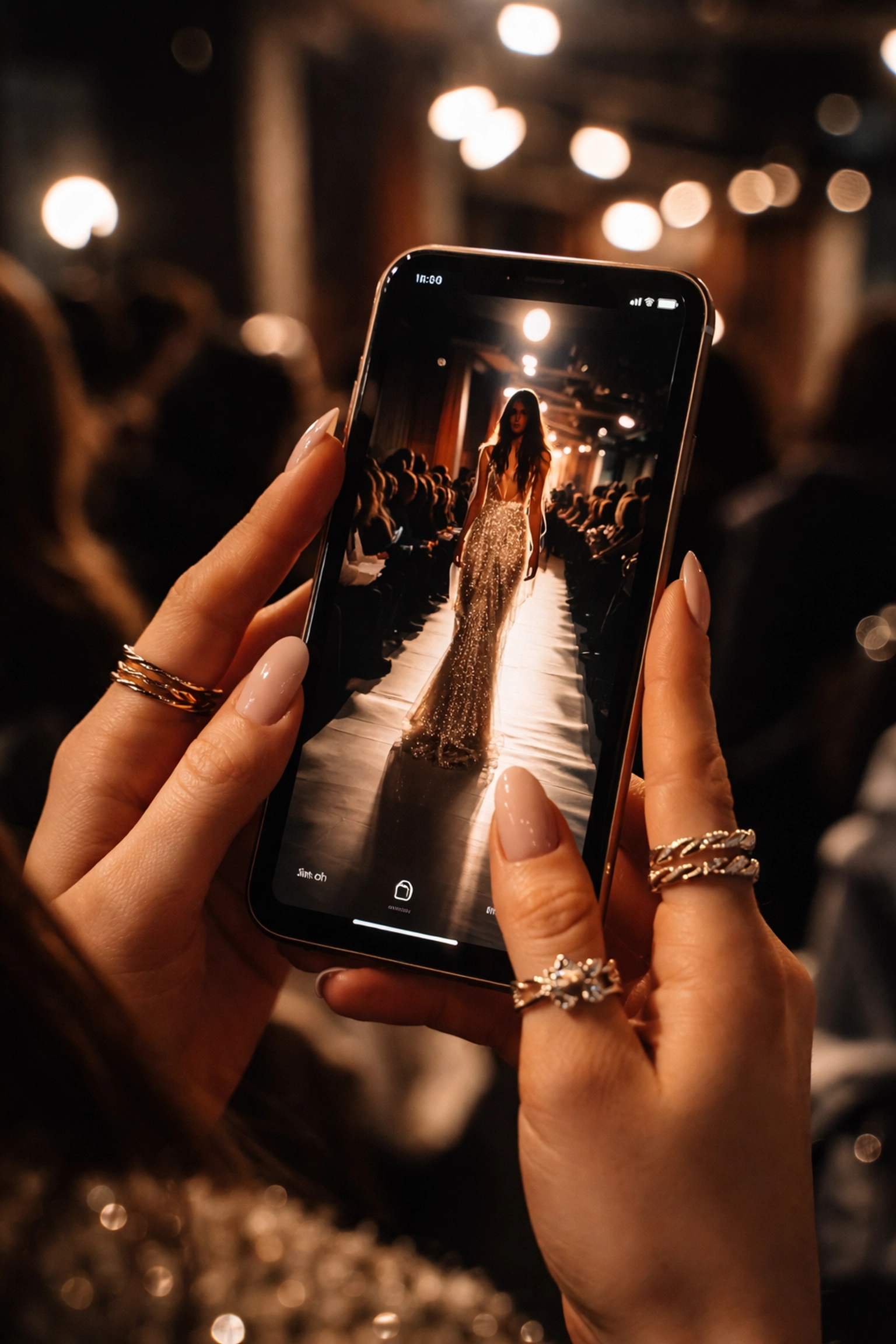 Close-up of stylish woman holding flawless iPhone backstage at NYC Fashion Week, ready for runway photos.