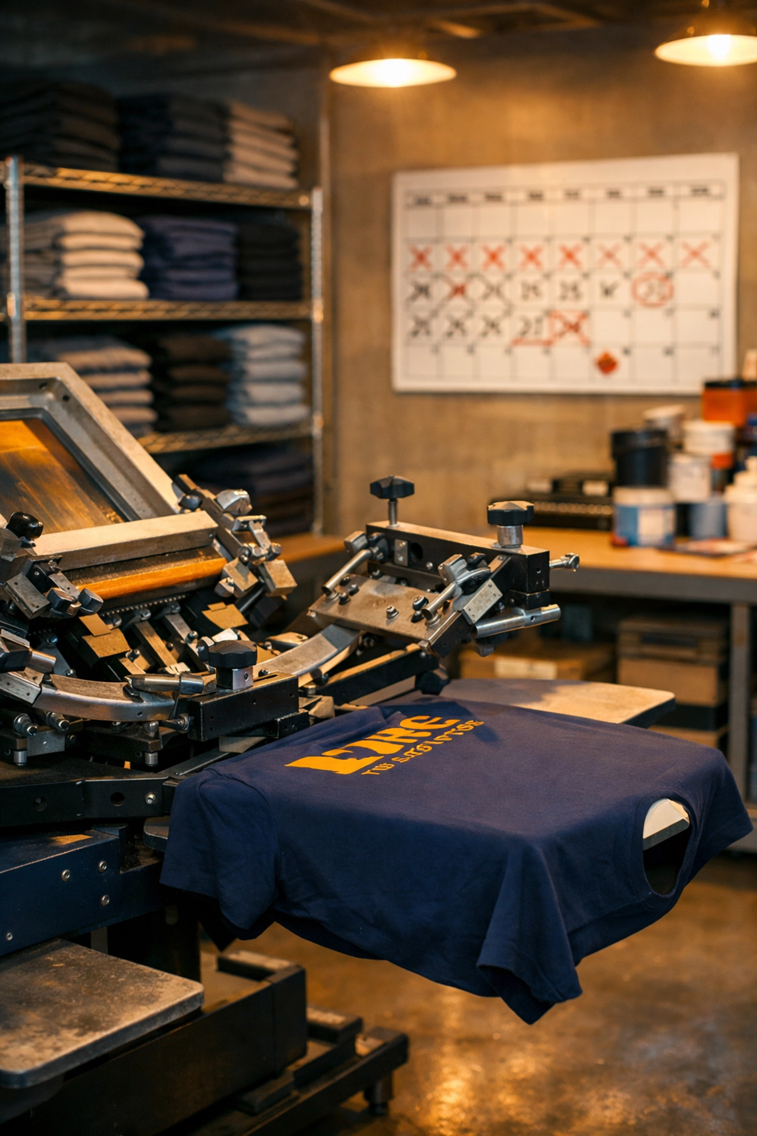 Screen printing press printing custom t-shirts in organized production facility