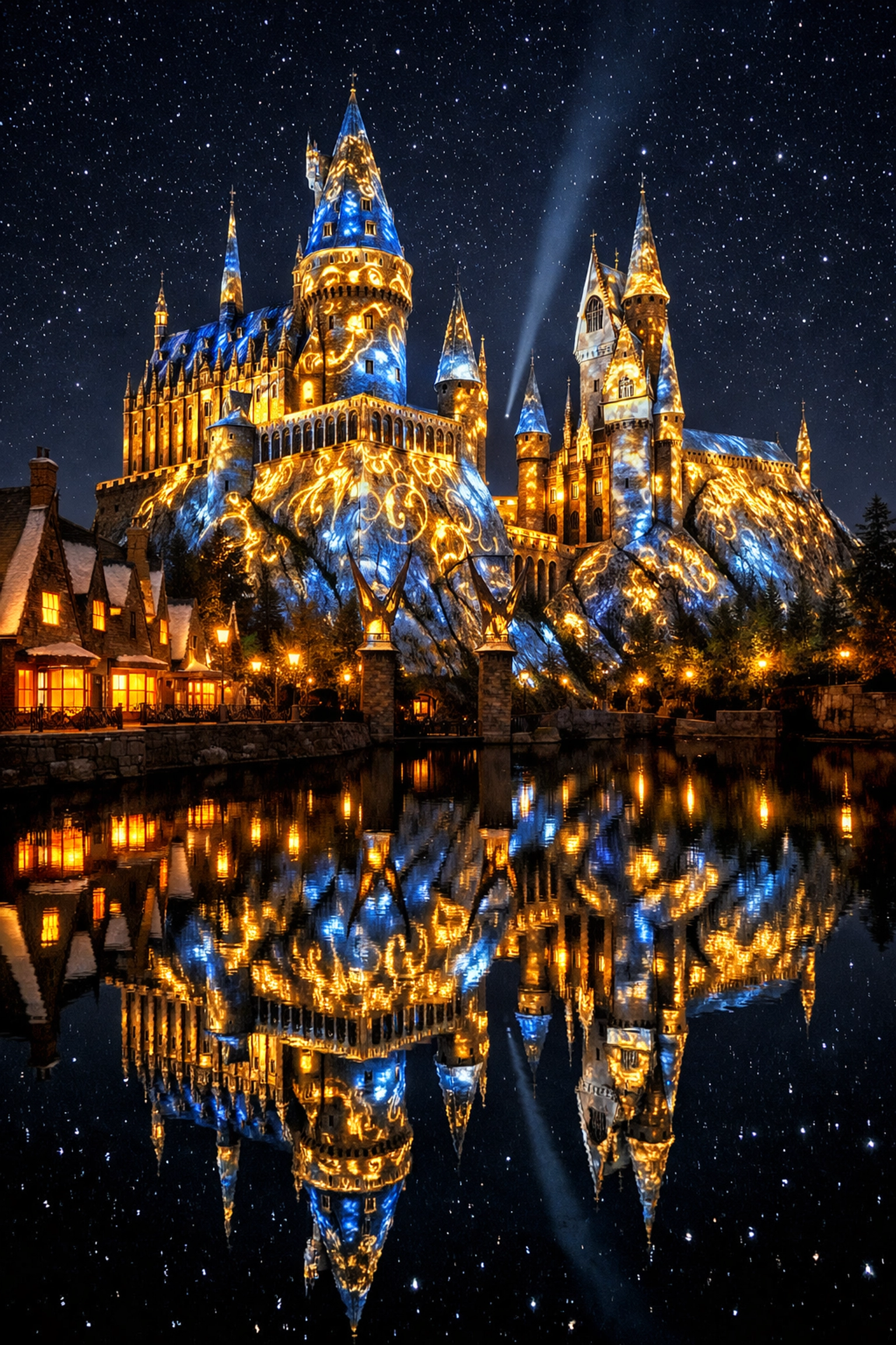 Hogwarts Castle at night with festive lights, a top photo spot at Universal Studios Hollywood.