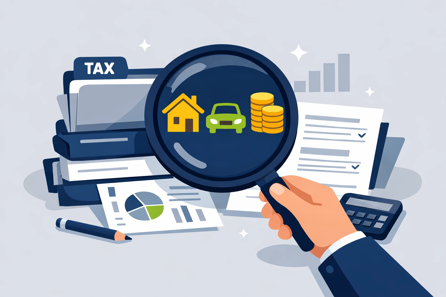 A magnifying glass revealing tax deductions and credits to help maximize your 2026 tax refund.