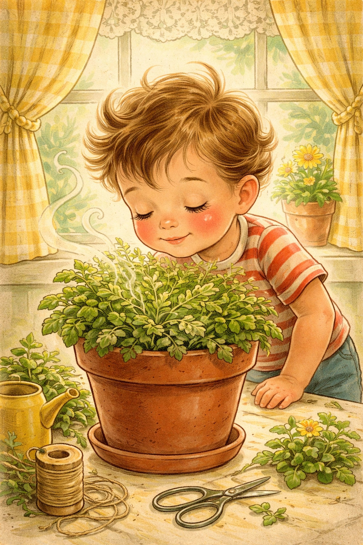 Child joyfully smelling aromatic herbs in a terracotta pot, discovering scratch-and-sniff gardening for kids