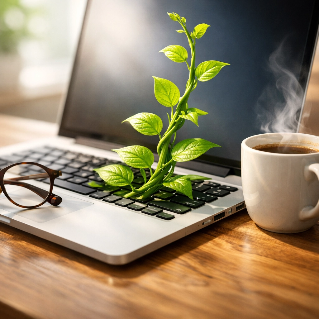 Business growth and scaling through automated online bookkeeping services shown by a vine growing from a laptop.