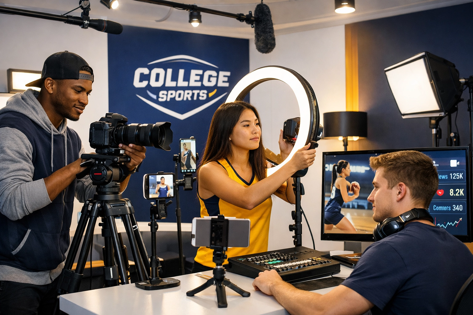 Student-athletes creating sports content in professional studio for NIL brand partnerships