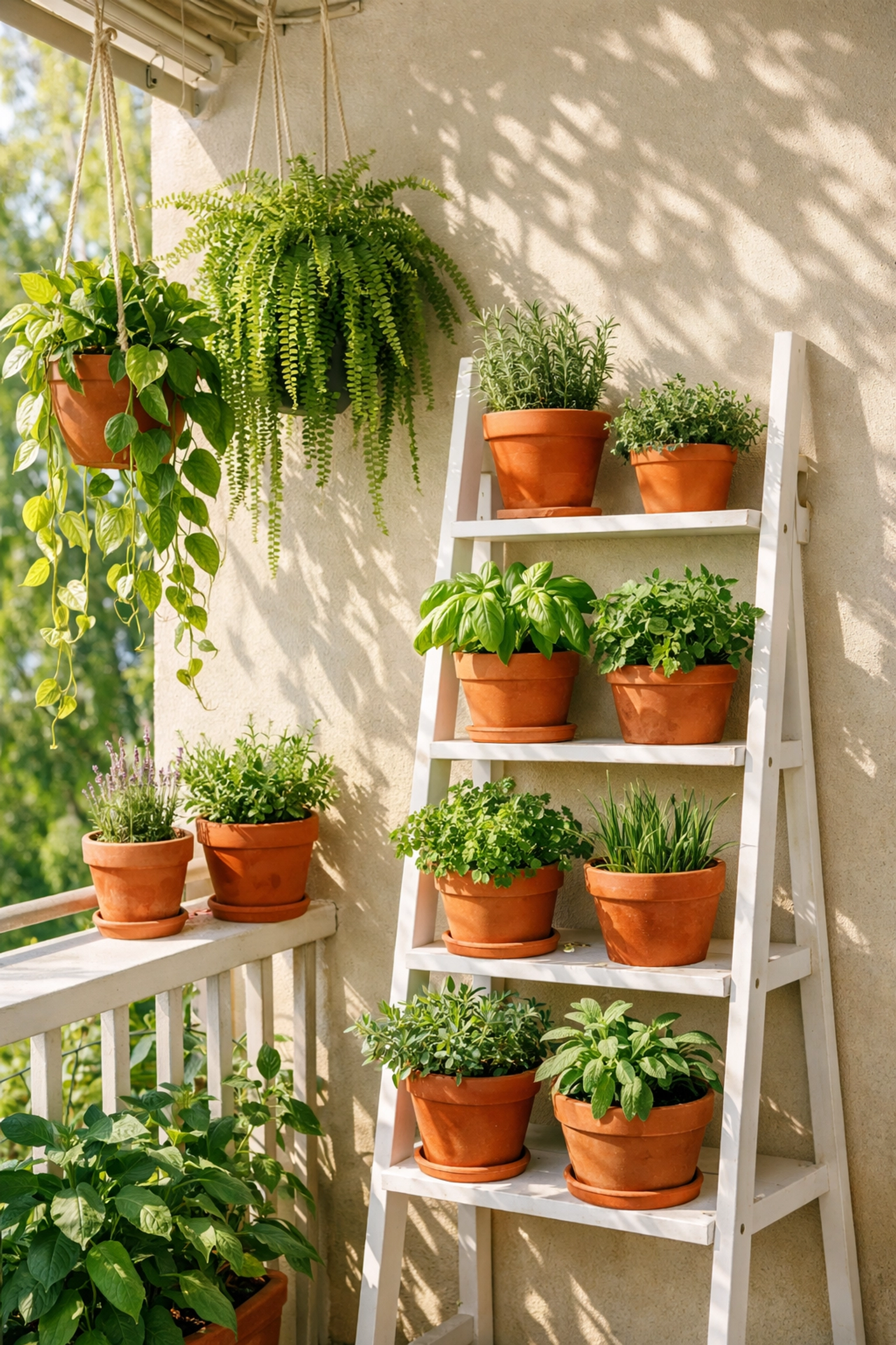 Vertical garden with ladder shelf and hanging plants for small space balcony decorating