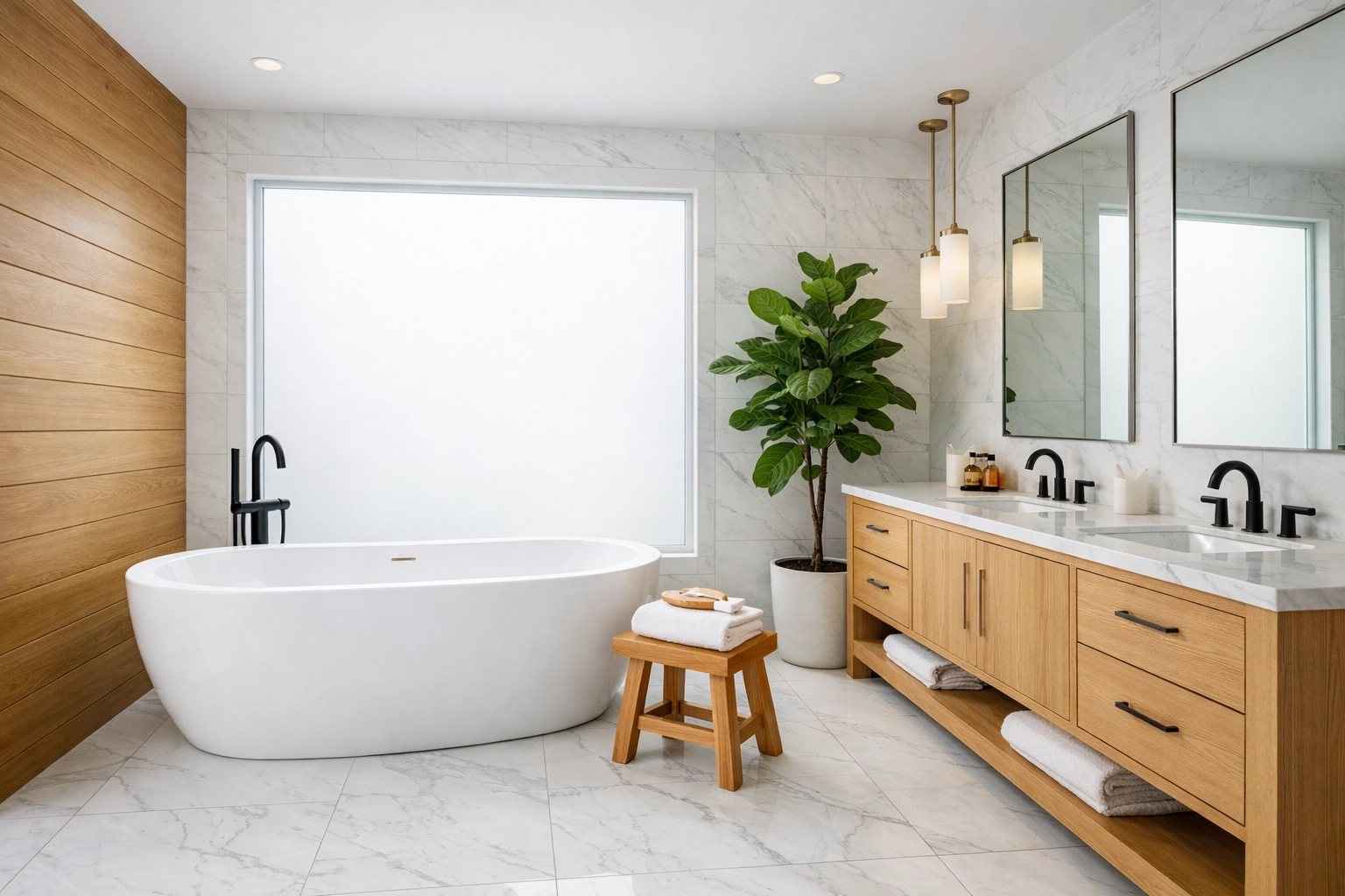 Elegant bathroom remodel with frosted smart film windows providing privacy and natural light in a Tempe home.