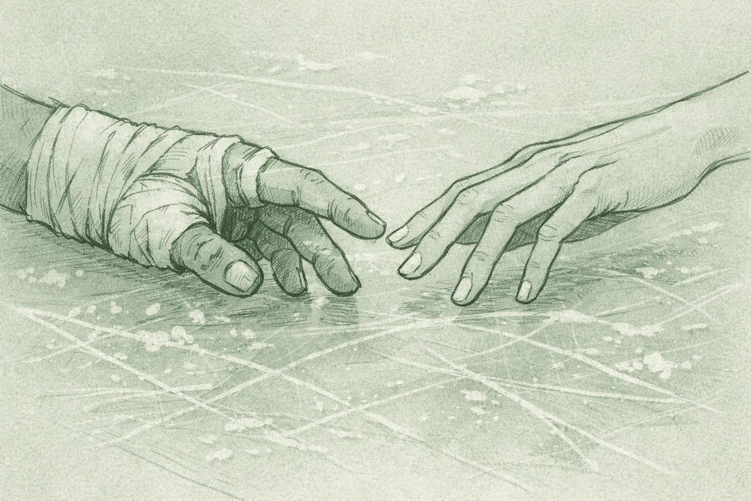 Two men's hands nearly touching on ice showing connection in gay hockey romance