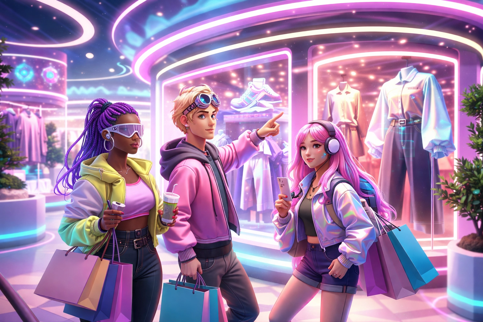 Diverse avatars shopping in a futuristic metaverse mall, illustrating social shopping and immersive virtual retail experiences.