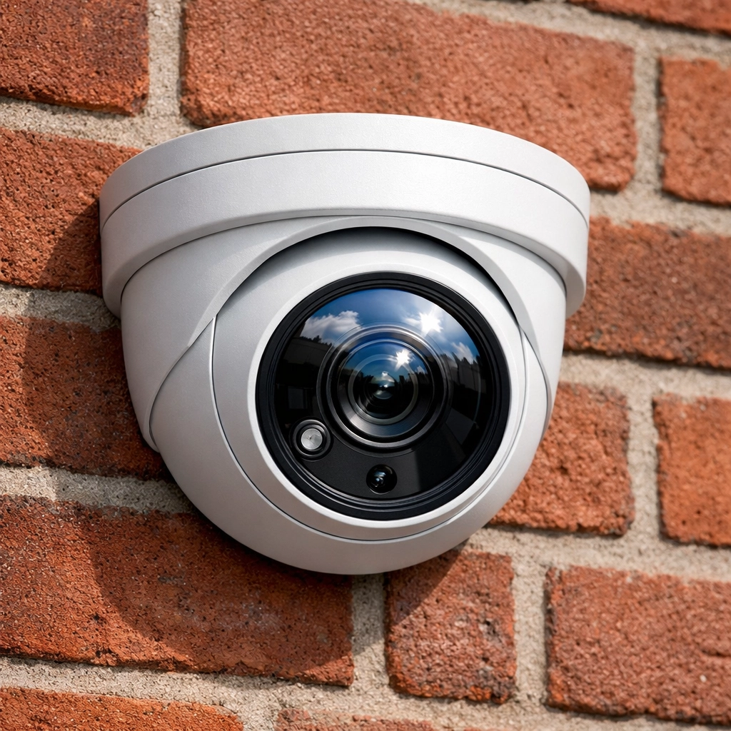 Professional installation of a high-definition NVR IP security camera on a residential brick wall.