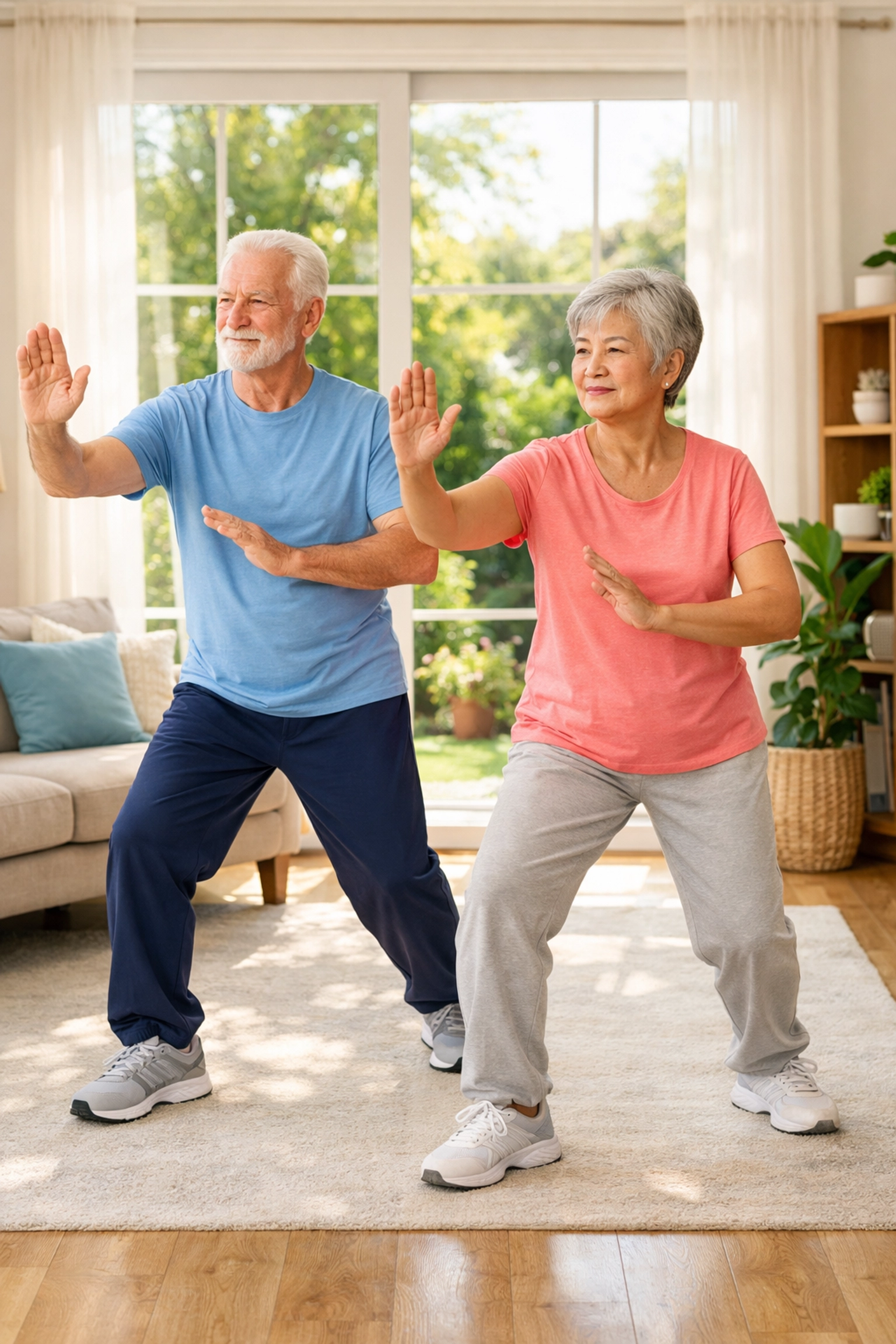 Active senior couple practicing Tai Chi balance exercises in their living room to improve strength and prevent falls.